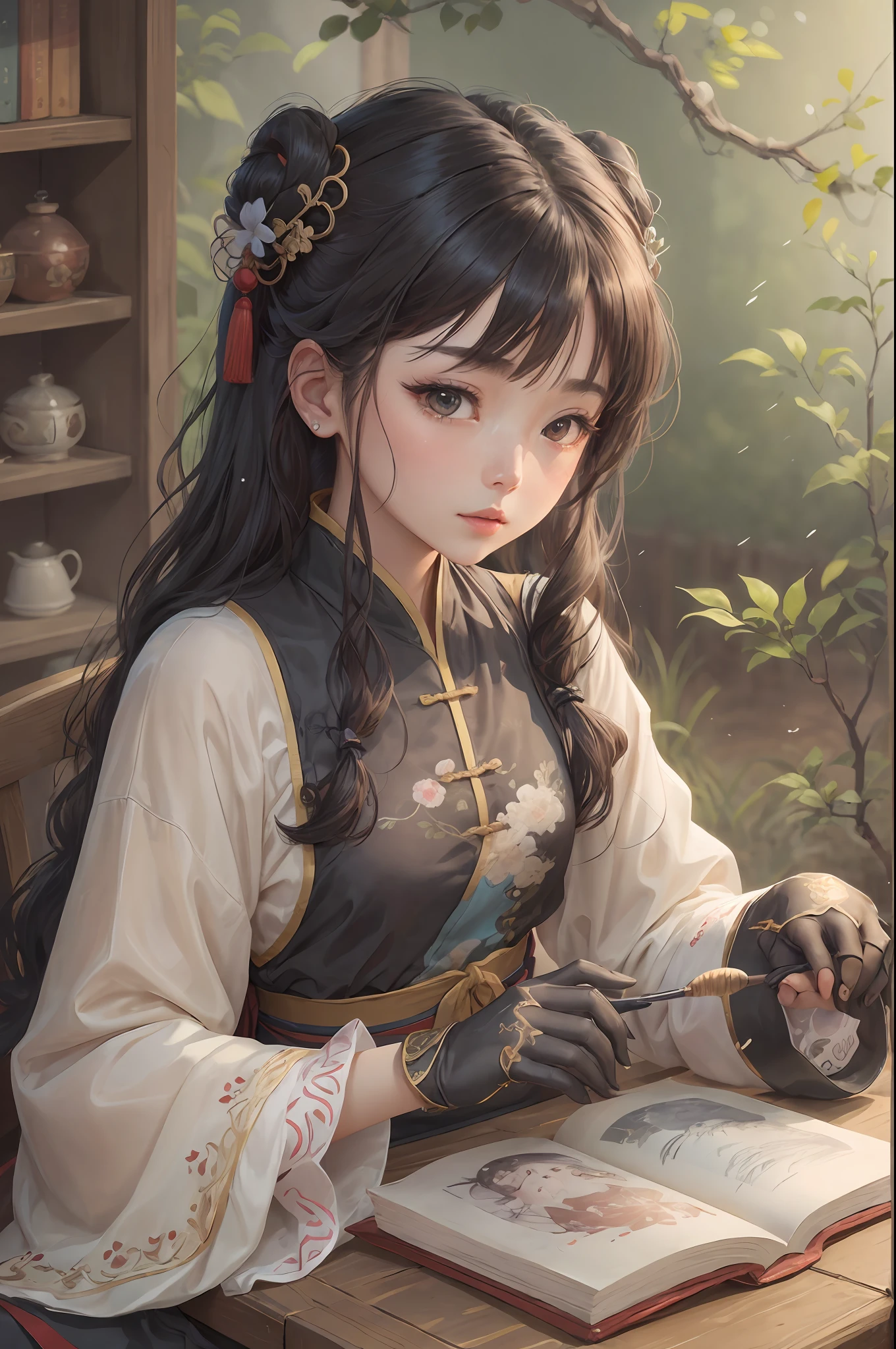 Wearing hanfu a girl sitting on a table, with a book in his left hand, right hand a comb, character, beautiful Chinese girl, 4 K illustration anime style, a beautiful art illustrations --auto --s2