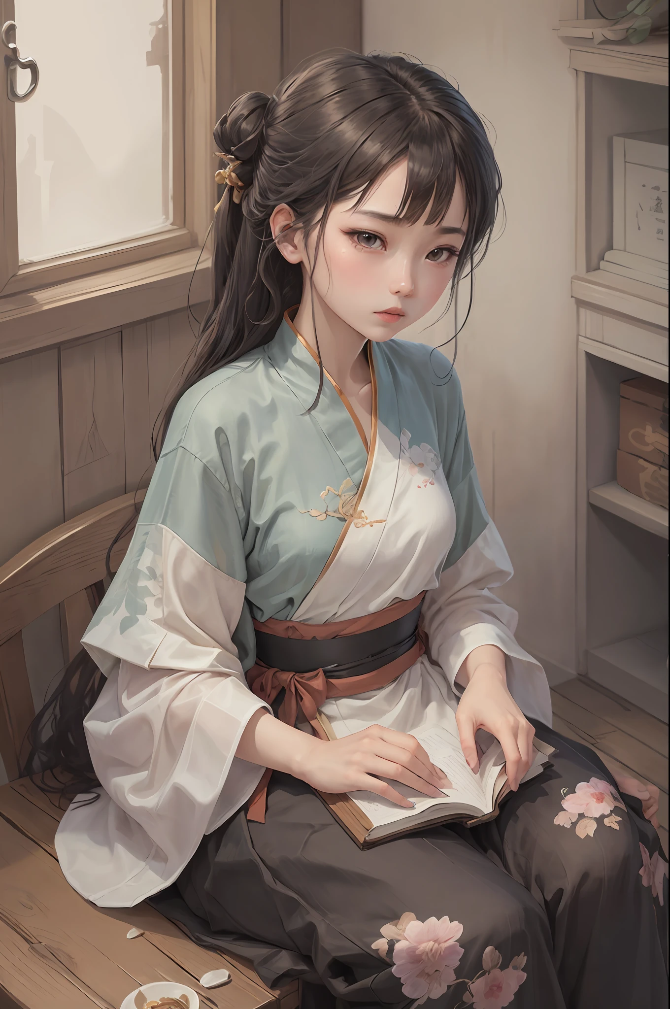 Wearing hanfu a girl sitting on a table, with a book in his left hand, right hand a comb, character, beautiful Chinese girl, 4 K illustration anime style, a beautiful art illustrations --auto --s2