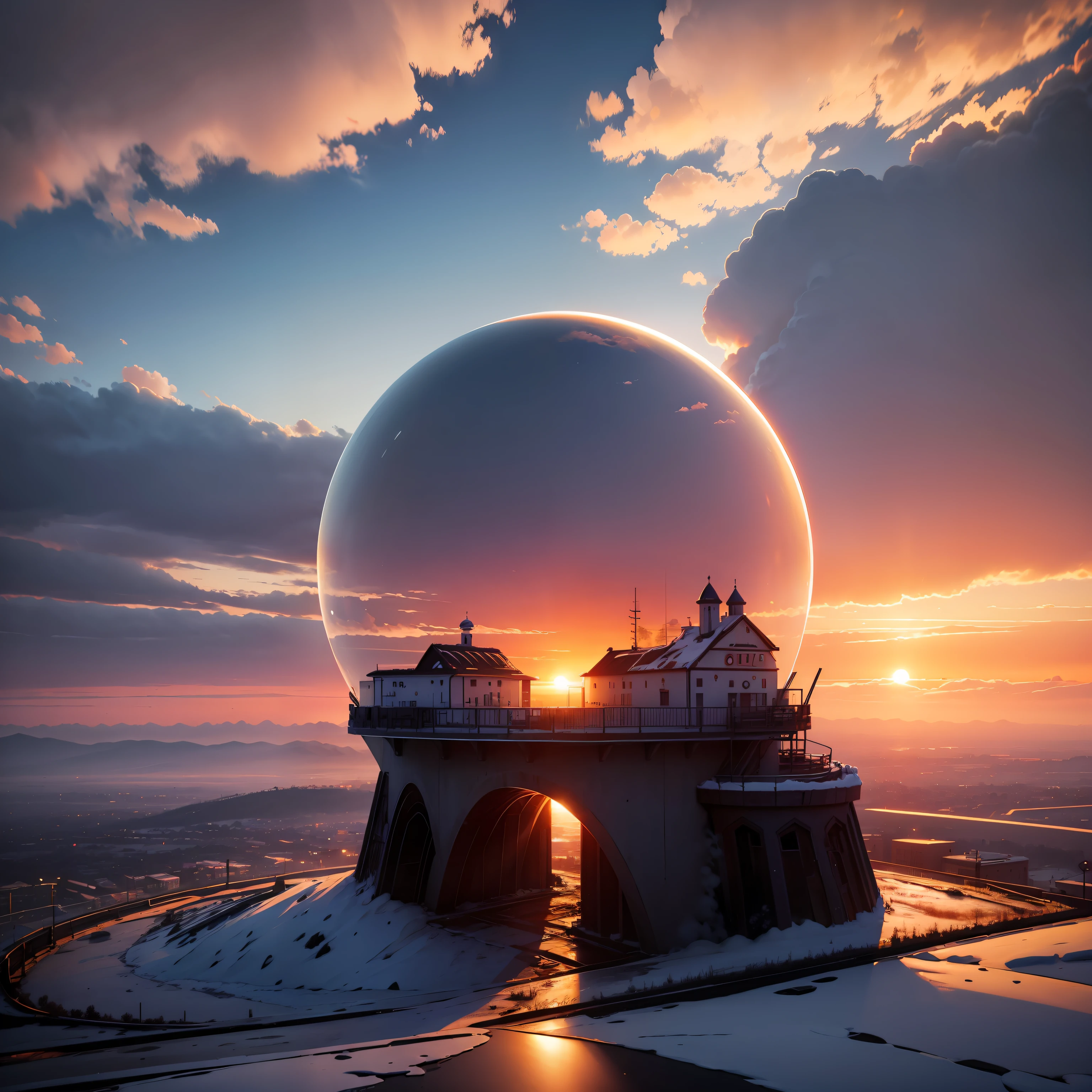 tmasterpiece,The sunset burns the clouds,There is a platform below,There is a frozen bubble on it --auto