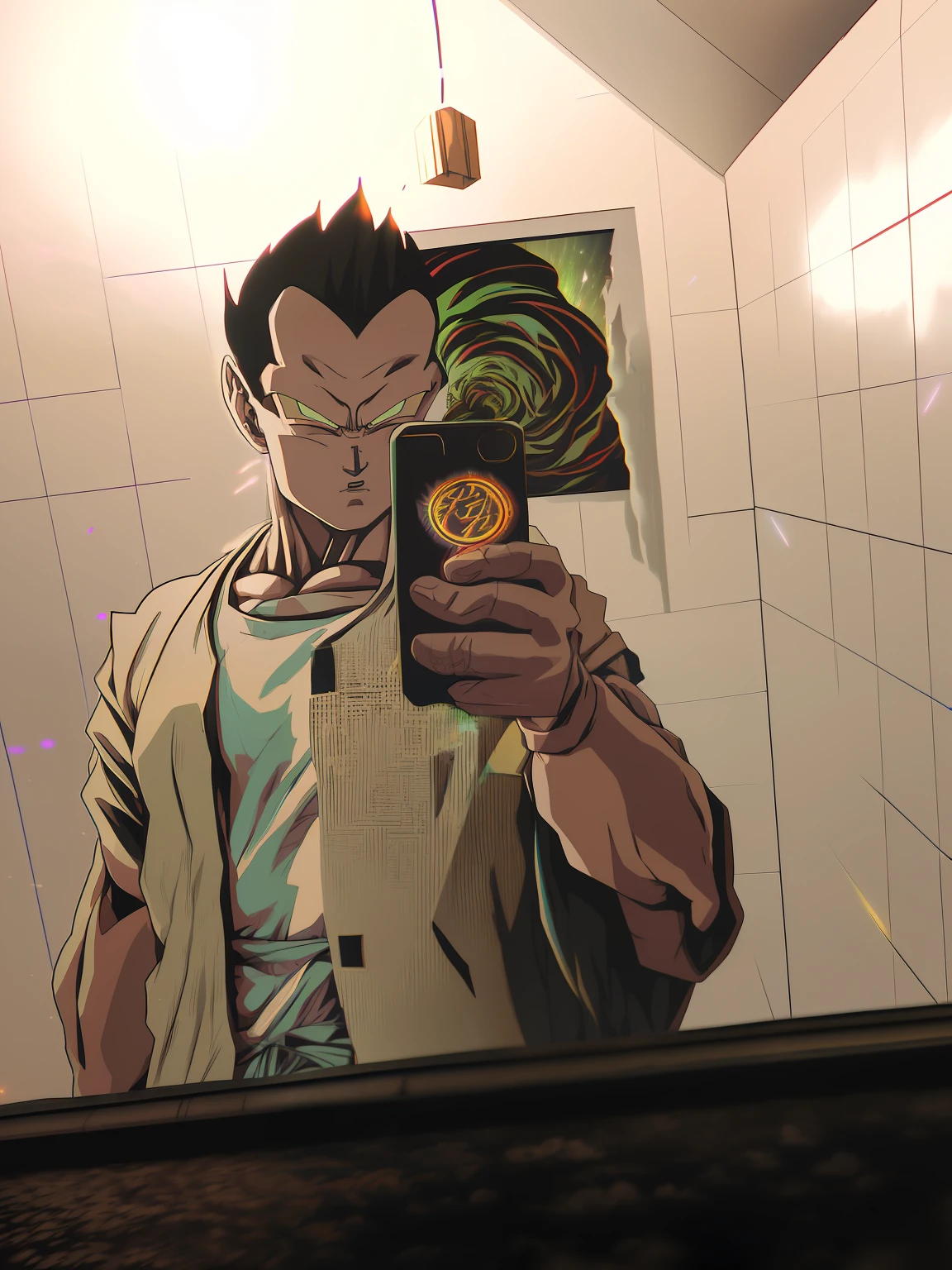 An award winning master piece photo of a super saiyan with psychedelic ki colors. standing planet namek at night with extremely detailed celestial bodys. 8k, (high quality:2), (cinematic feeling:1.5), dark deep shadows, incredibly intricate detailing, fine art , (up close:1.4), looking at viewer, (light sparkles:0.3), (chromatic aberration,:1.3) background with floating light artifacts