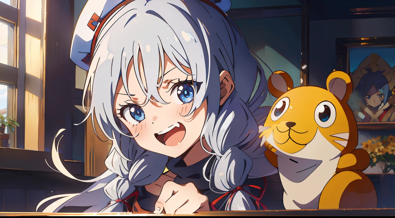 One girl、Anime style、Deities々Right、masterpiece、Top image quality、top-quality、cute little、silber hair、onepiece、Ribbon on the back、Long、blue eyess、French braids、laugh、piece sign、mano、