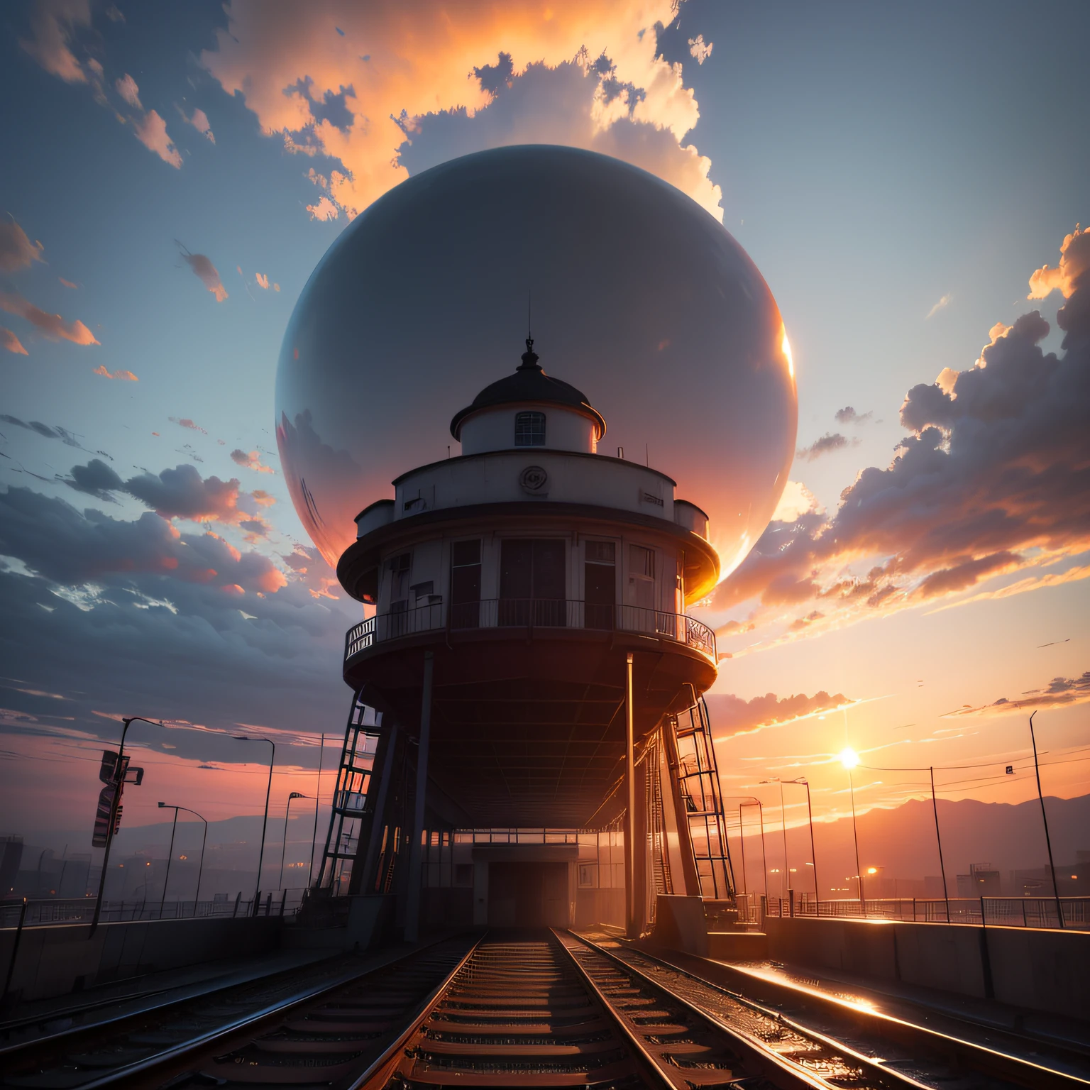 tmasterpiece,The sunset burns the clouds,There is a platform below,There is a frozen bubble on top of the platform --auto
