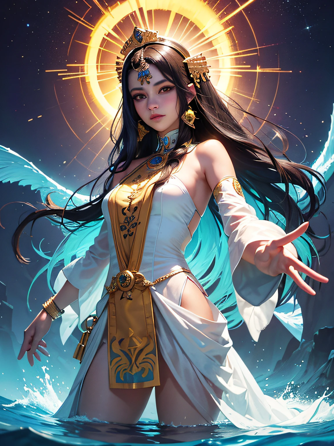 1GIRL 33YEARS, PERUVIAN, BLACK LONG HAIR, PRINCESS INKA, PHOTO TAKEN FROM A SHORT MEDIUM FLAT, TRADITIONAL INCA DRESS TAHUANTINSUYO, DAUGHTER OF THE SUN, 8k portrait of beautiful cyborg with brown hair, intricate, elegant, highly detailed, majestic, digital photography, art by artgerm and ruan jia and greg rutkowski surreal, (masterpiece, si delightful, finely detailed beautiful eyes: 1.2), hdr, RAW photo, a portrait photo, natural skin, 8k uhd, Close up of a neon painted Mythical siren in resplendent rainbow gown dances with oceanic colors, rainbow neon hair, anime girl, ((neon glows)), Lavender and rose add ethereal saturation, A mesmerizing symphony of rainbow neon colors, splash rainbow neon water effects