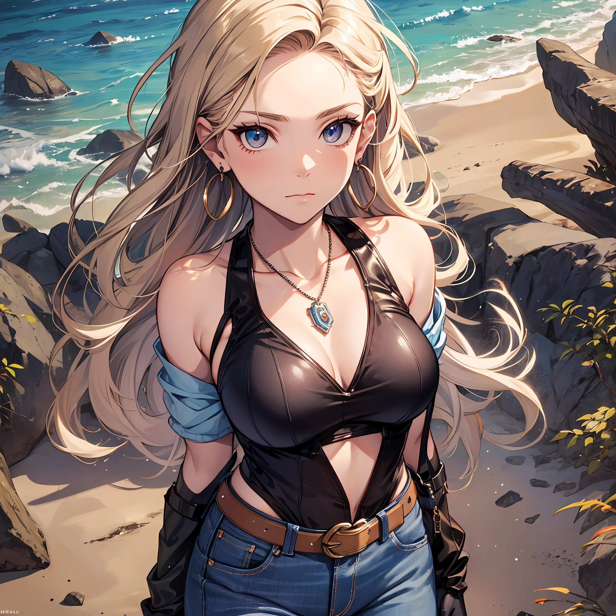 Steppiece, Best Quality, Ultra-detailed, Absurd, Portrait of cute android18DB, Realistic face, Solo, earrings, Jewelry, jeans, brave, eyeshadows closed, Belt bag, vests, Pants, plein air, the beach, gloves, Necklace, jeans, Rock, Standing, fighting position, Volumetric lighting, Best Quality, masutepiece, Intricate details, tonemapping, Sharp Focus, Hyper Detailed　Sexy swimming costume