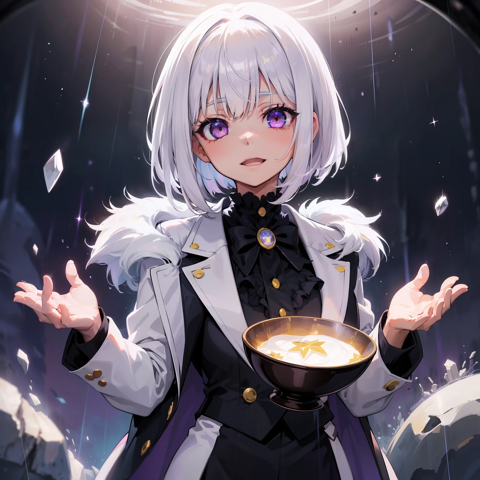 1girl, white hair, maquillaje, purple eyes, ojos brillosos, stars, happy, mirando al espectador, flequillo, alta resolucion, tailcoat, bowl cut hair, rain background, white gradient black colour hair