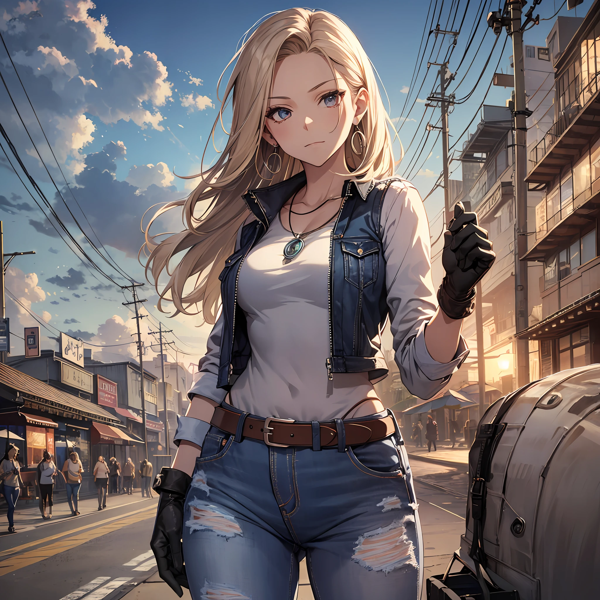 Steppiece, Best Quality, Ultra-detailed, Absurd, Portrait of cute android18DB, Realistic face, Solo, earrings, Jewelry, jeans, brave, eyeshadows closed, Belt bag, vests, Pants, plein air, the beach, gloves, Necklace, jeans, Rock, Standing, fighting position, Volumetric lighting, Best Quality, masutepiece, Intricate details, tonemapping, Sharp Focus, Hyper Detailed