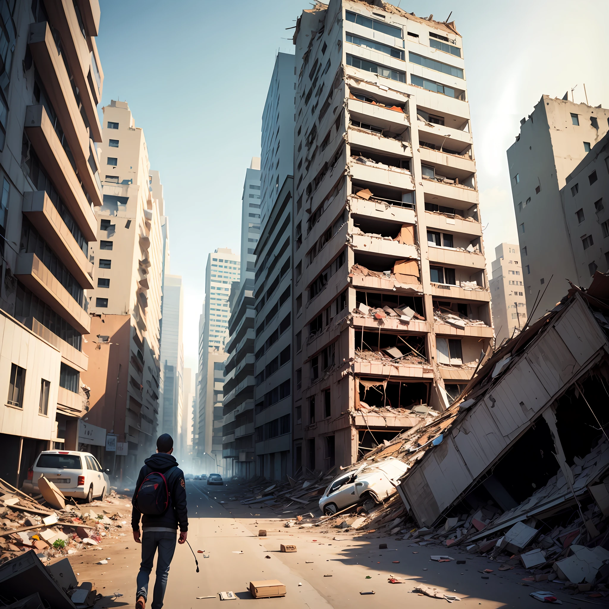 Last person in the world, amid the rubble and falling buildings --auto