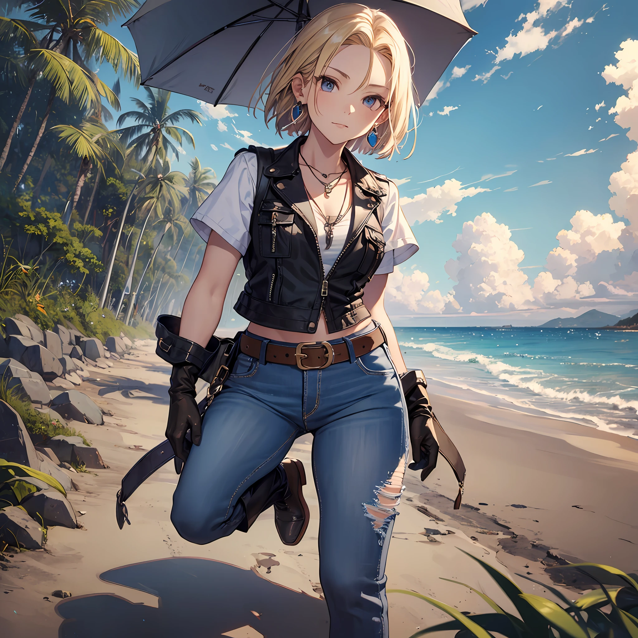 Steppiece, Best Quality, Ultra-detailed, Absurd, Portrait of cute android18DB, Realistic face, Solo, earrings, Jewelry, jeans, brave, eyeshadows closed, Belt bag, vests, Pants, plein air, the beach, gloves, Necklace, jeans, Rock, Standing, fighting position, Volumetric lighting, Best Quality, masutepiece, Intricate details, tonemapping, Sharp Focus, Hyper Detailed