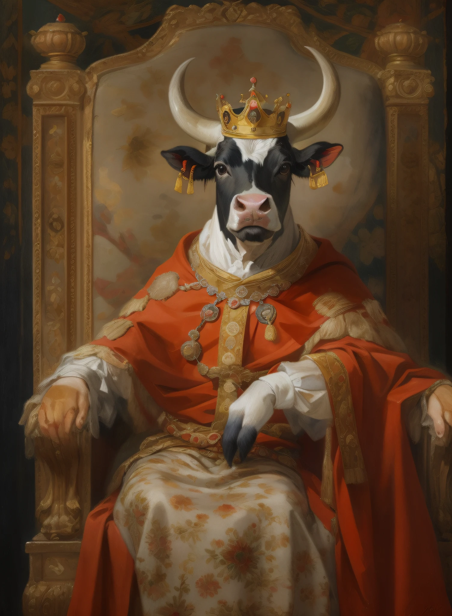 Painting of a cow wearing a crown and red nobility, majesty in noble clothes,Sit in a gorgeous chair,Voith, painted in high resolution, Inspired by Albert Kuyp, Inspired by Nicolas Eliasson Pikenoi, inspired by Nicolaes Maes, royal portrait, author：Tadeusz Pruszkówski, Inspired by Ferdinand Bohr's head of an ox human body