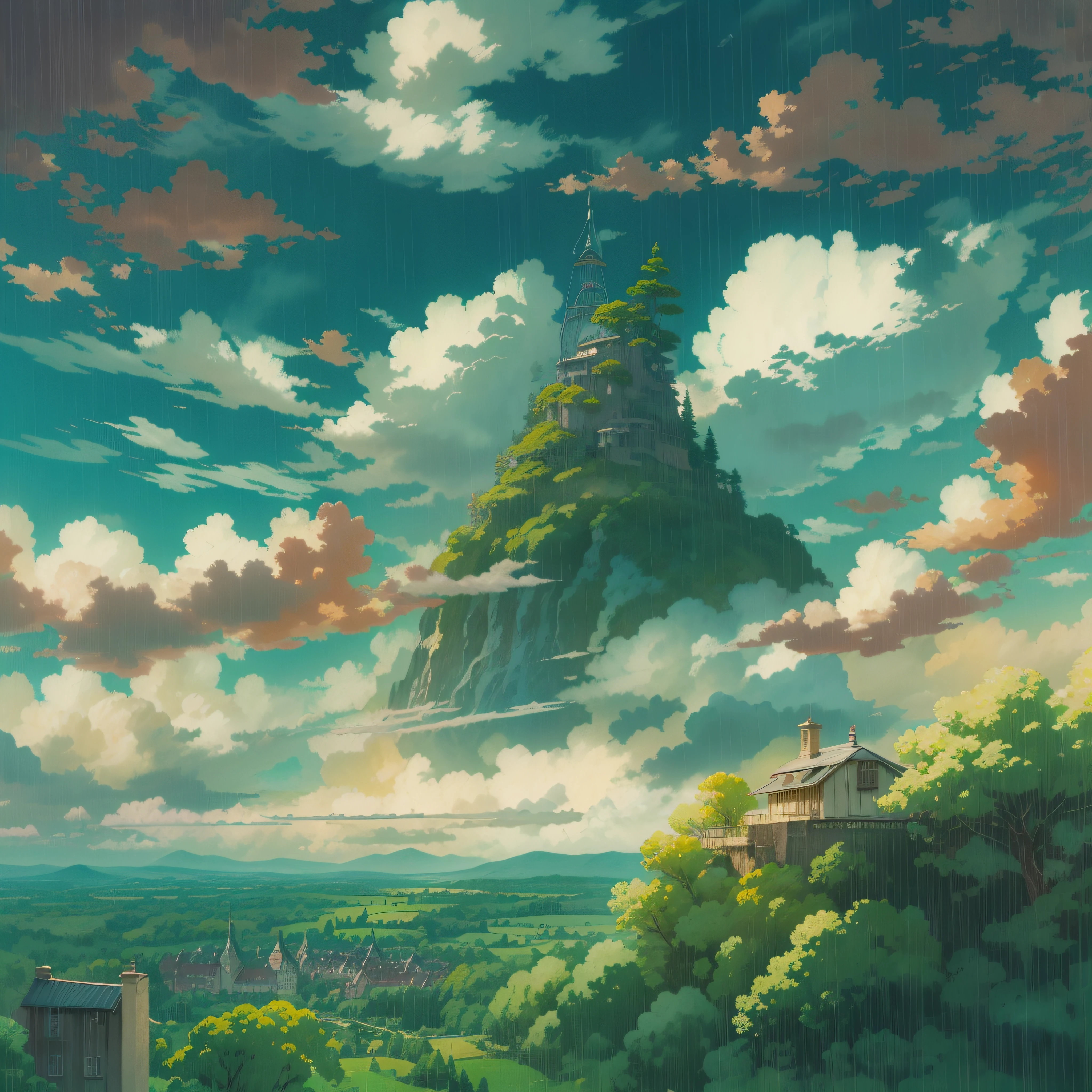 animesque、Skyscape with clouds、Deities々Shikai、You can see the touch of the brush、rain cloud、After it rains、Studio Ghibli、Ghibli、a sultry、Scenery、Style、sky line、The light is sparkling