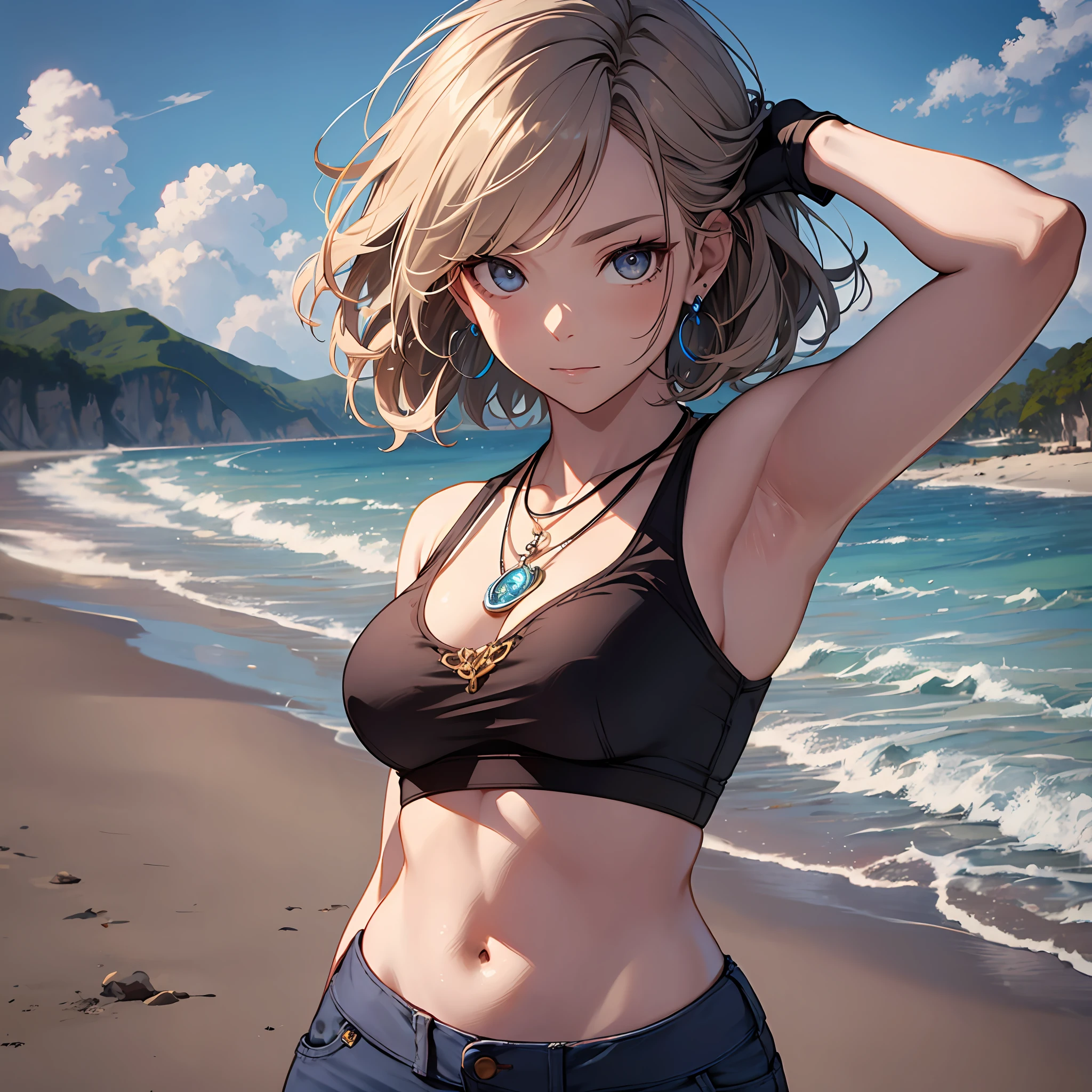 Steppiece, Best Quality, Ultra-detailed, Absurd, Portrait of cute android18DB, Realistic face, Solo, earrings, Jewelry, , brave, Eyeshadow closed, the beach, gloves, Necklace, Rock, Standing, fighting position, Volumetric lighting, Best Quality, masutepiece, Intricate details, tonemapping, Sharp Focus, Hyper Detailed short pants tshirts