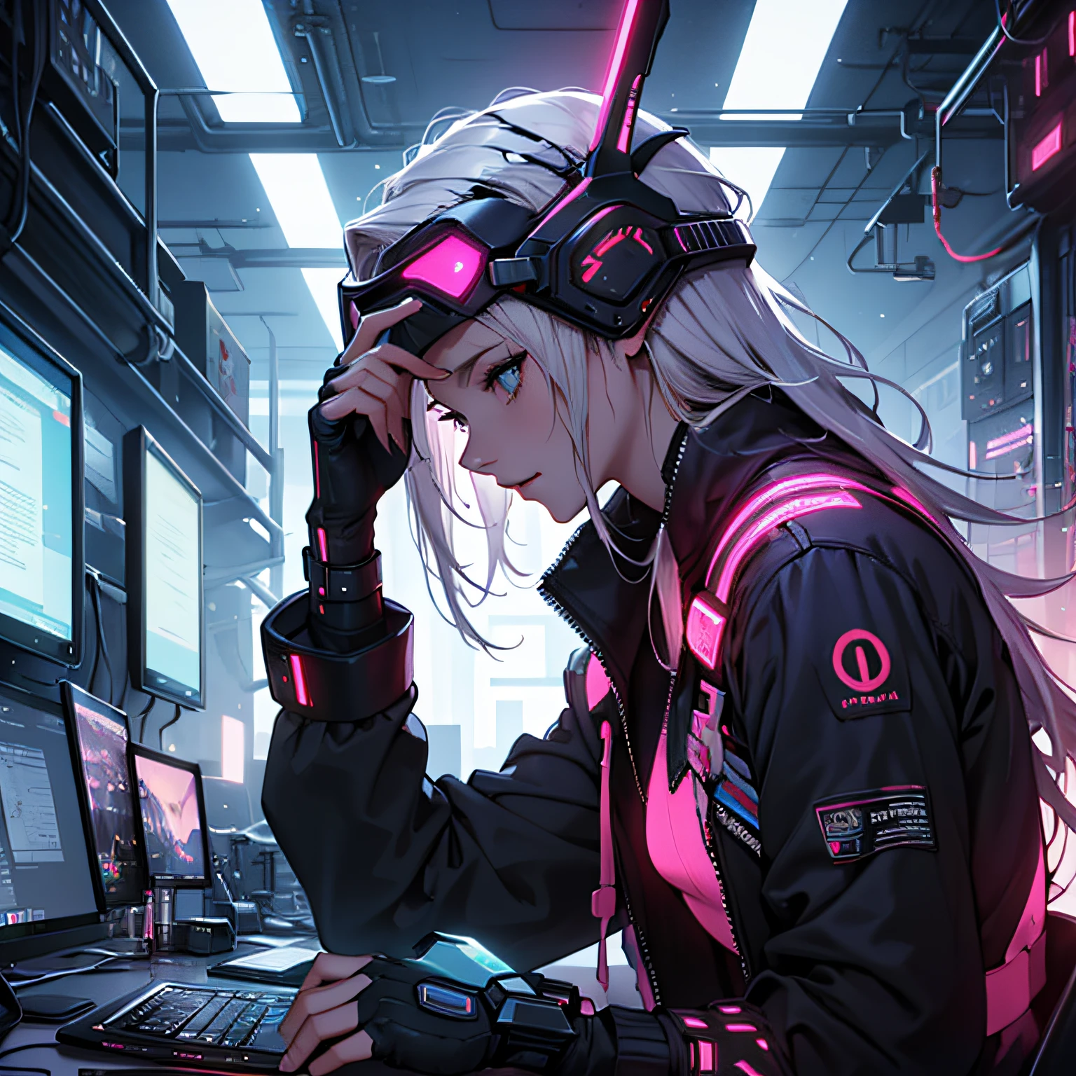 cyber punk perssonage,mid - length hair,Wore a headdress,sense of science and technology, --auto