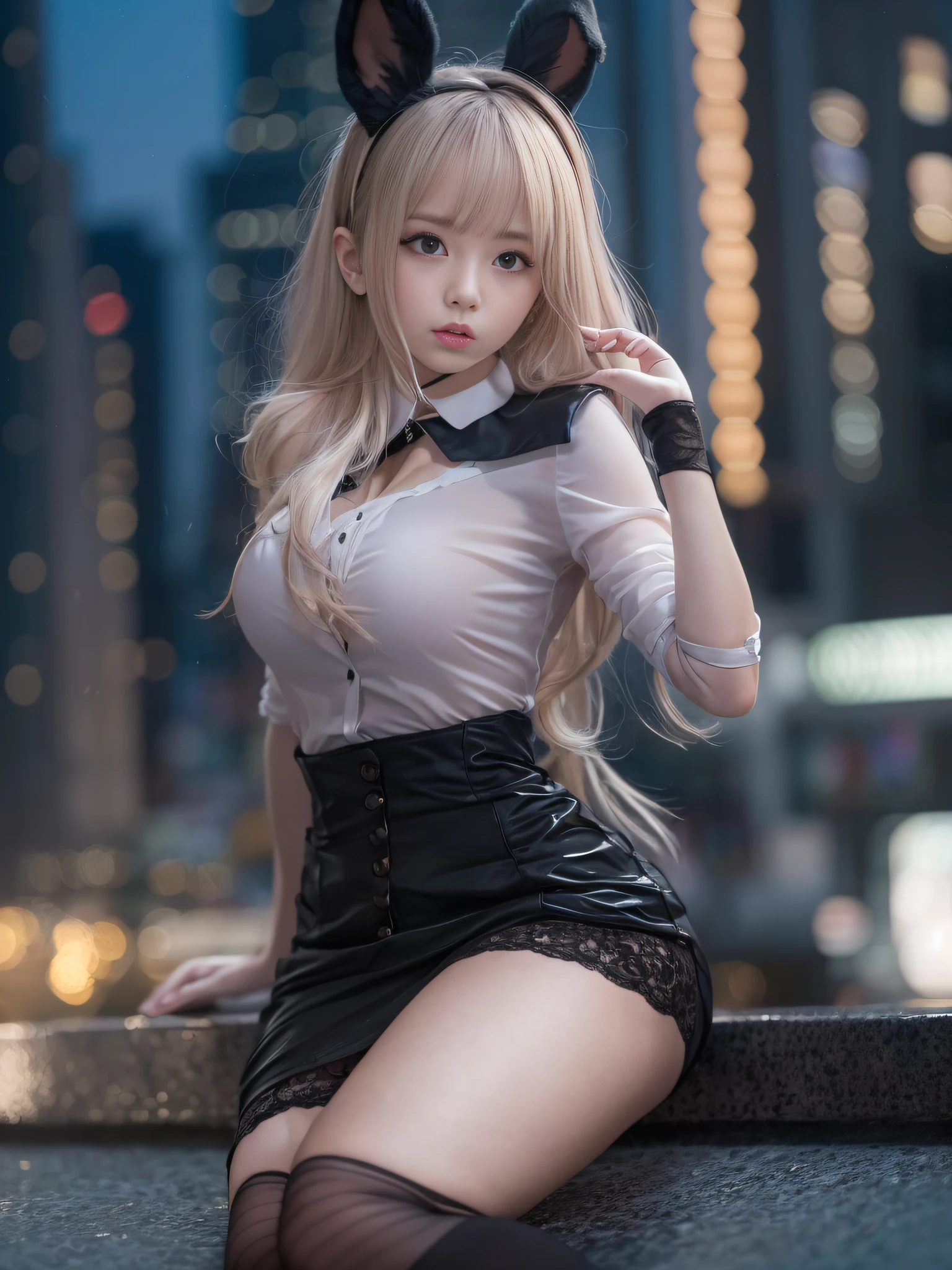 Woman in black stockings and heels,young and cute girl, wearing in stocking,Sexy Girl, Lovely woman, pantyhose, 8K,top-quality、超A high resolution、女の子1人、Black Choker、(huge-breasted:1.2)、, Blonde long hair, bunnygirl, Wearing Usa ears,Photo, background is city at night,Live action,japanes,独奏,Beautiful expression,all-fours,Both knees are on the ground,Embarrassed look,troubled look,Cheeks pale pink,Hands on the ground,Raising the buttocks up