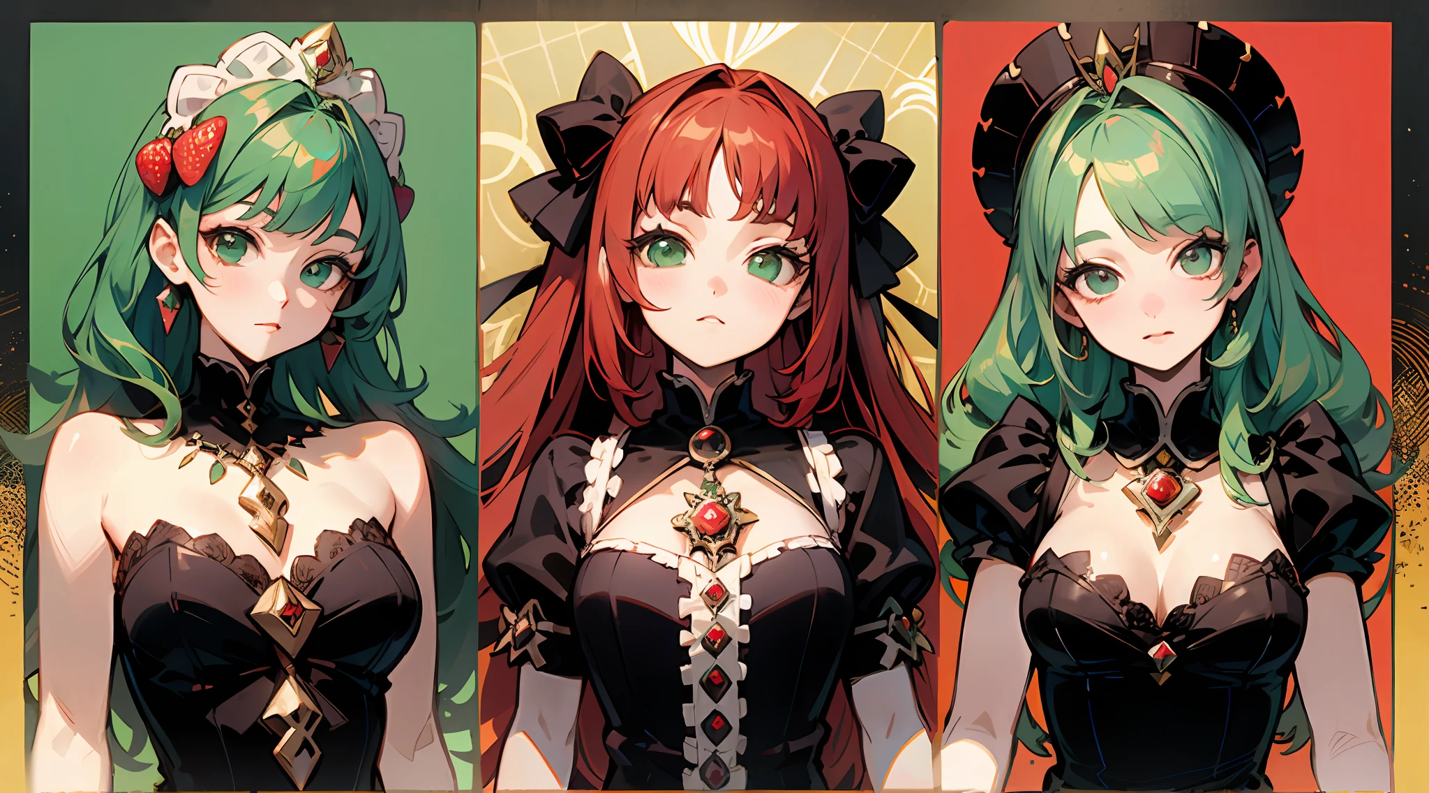 Three-view of roles,character design,Character design,Three View,full bodyesbian,frontage,Lateral face,on back,Set,ta prostitute,Very gorgeous,Maximalism,extreme hight detail,RococoStyle,Super long hair,Complex accessories,Complex hairstyles,Strawberry theme,dark red color,green color,strawberry hair ornament,Strawberry-shaped gemstone,Skirts of various materials,Different fabrics,Dark green hair,mitts,sceptre