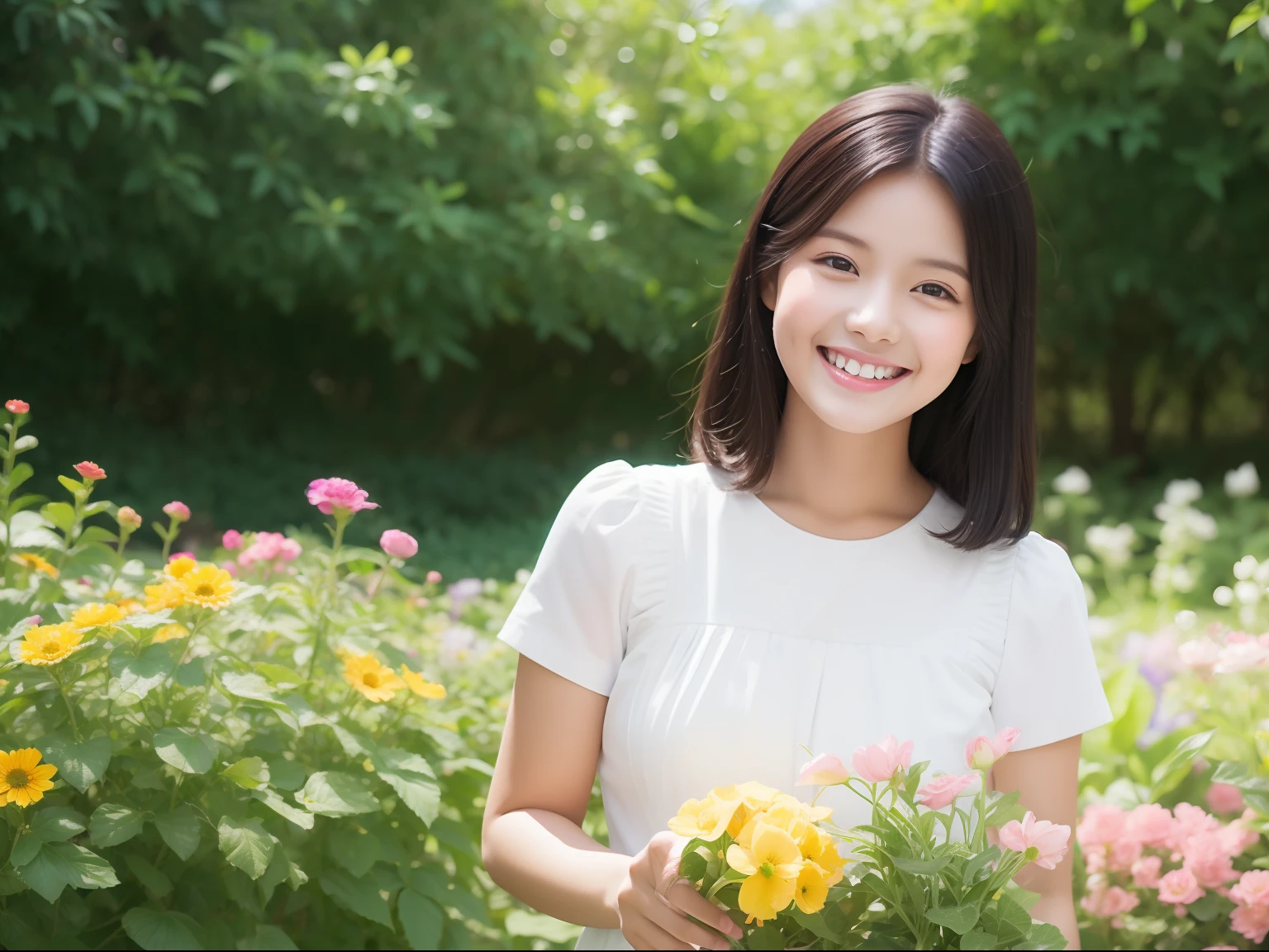 gardening　girl with　A garden with many colorful flowers, light smile, black hair, Canon, UHD