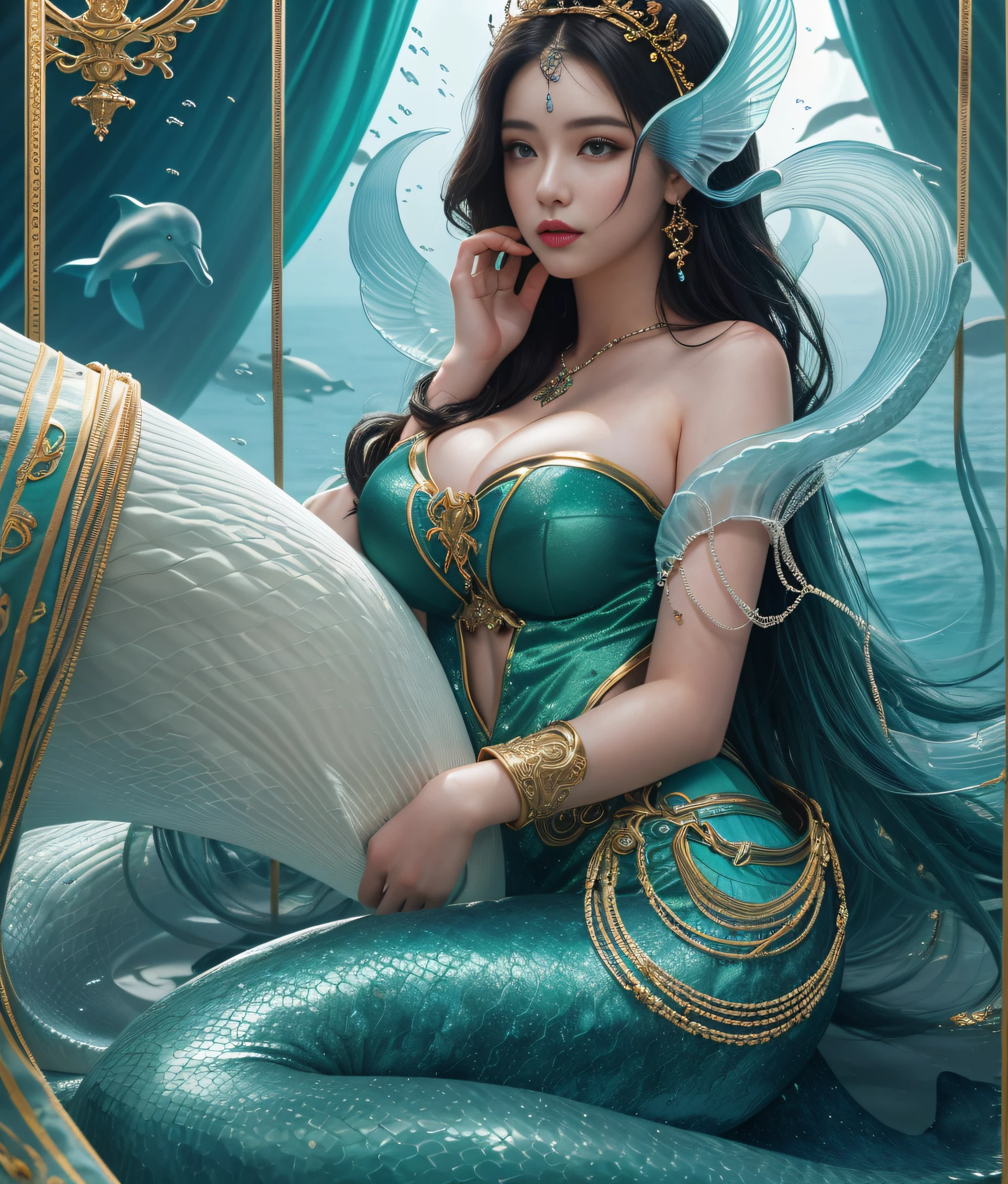 Top quality, 8k, 32k, Masterpiece, photo realistic, realistic, beautiful mermaid wearing green dress with dolphins and sea creatures in fantasy setting,fantasy art style,artgerm,wlop,artgerm highly detailed, woman with huge boobs, cleavage, intricate detail, super detail, super tall, highest detail, seamless, Stunning detail, fine detail , cinematic lighting, smooth and beautiful, CG, unity, 8k wallpaper, detail unity 8k CG wallpaper, stunning detail, high resolution,