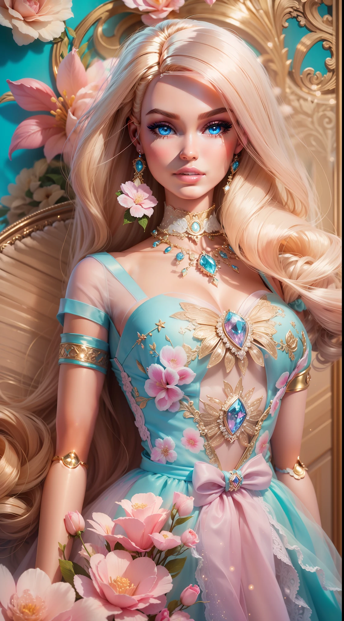 "A vibrant and glamorous (((Barbie doll and Ken))) portrait with impeccable details, capturing her elegance and charm in a high-resolution CG artwork. Radiant and flawless, the doll features a stylish outfit, stunning blue eyes, and perfectly styled (blonde hair:1.2). The soft lighting accentuates her beauty, while a hint of sparkle adds a touch of magic. Set against a dreamy background filled with pastel colors and delicate flowers, the composition creates a whimsical and enchanting atmosphere.+"