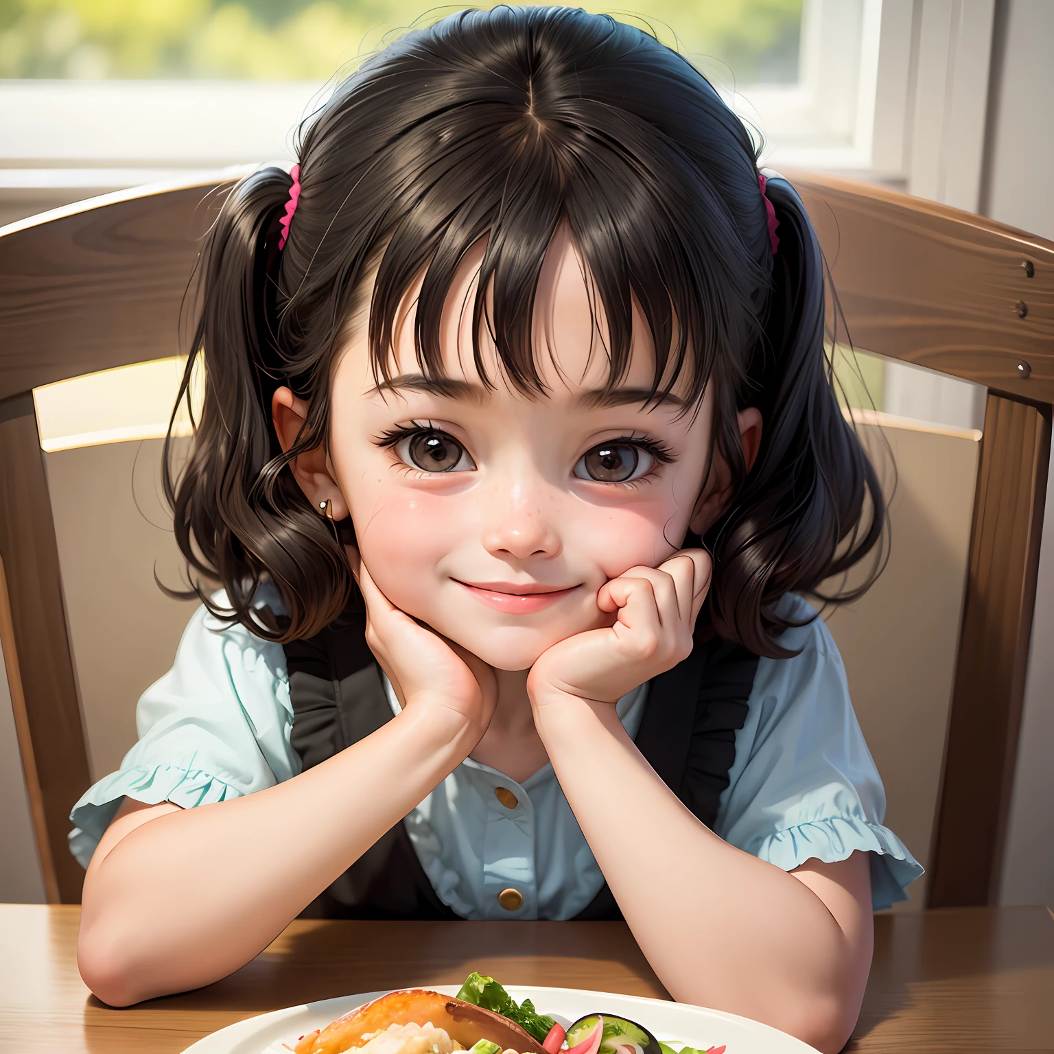 1girl, , cute face, black hair, children's book illustration style, A picture of Betty sitting at the dining table, smiling and poking her cheek with her index finger, her eyes sparkling with delight, and delicious food on a plate beside her. --auto
