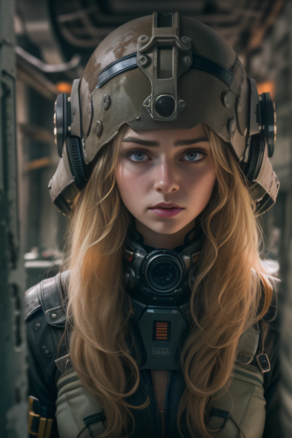 three-quarter close-up portrait, stunningly beautiful 30 y. o woman, slender athletic figure, Stunning face, (Expressive and deep [Symmetrical eyes]), frowning and innocent expression, (Long [Natural blonde] Hair)+++ | ([The biggest detail after the apocalypse survivor : 00s sci-fi TV drama style : Firefly : armor protection elements | Maximum detail mechanism firefly style | (intricately details:1. 2) | (Intricate sci-fi utilitarian interior [((intricately detailed rusty decayed building corridor)) : oppressive and contrasting background:1. 3)+, (In semi-darkness)++, backlighting from inside, dramatic expressive background, gloomy horror crushing atmosphere | cinematic shot photographed from below with DSLR, Aperture F/7, Shutter speed 1/100 sec, ISO 150 | Super detailed, The ultra-realistice, (8kK, hyper HD, Super resolution, diffuselighting)+, textures of natural reflections, Cinematic lighting