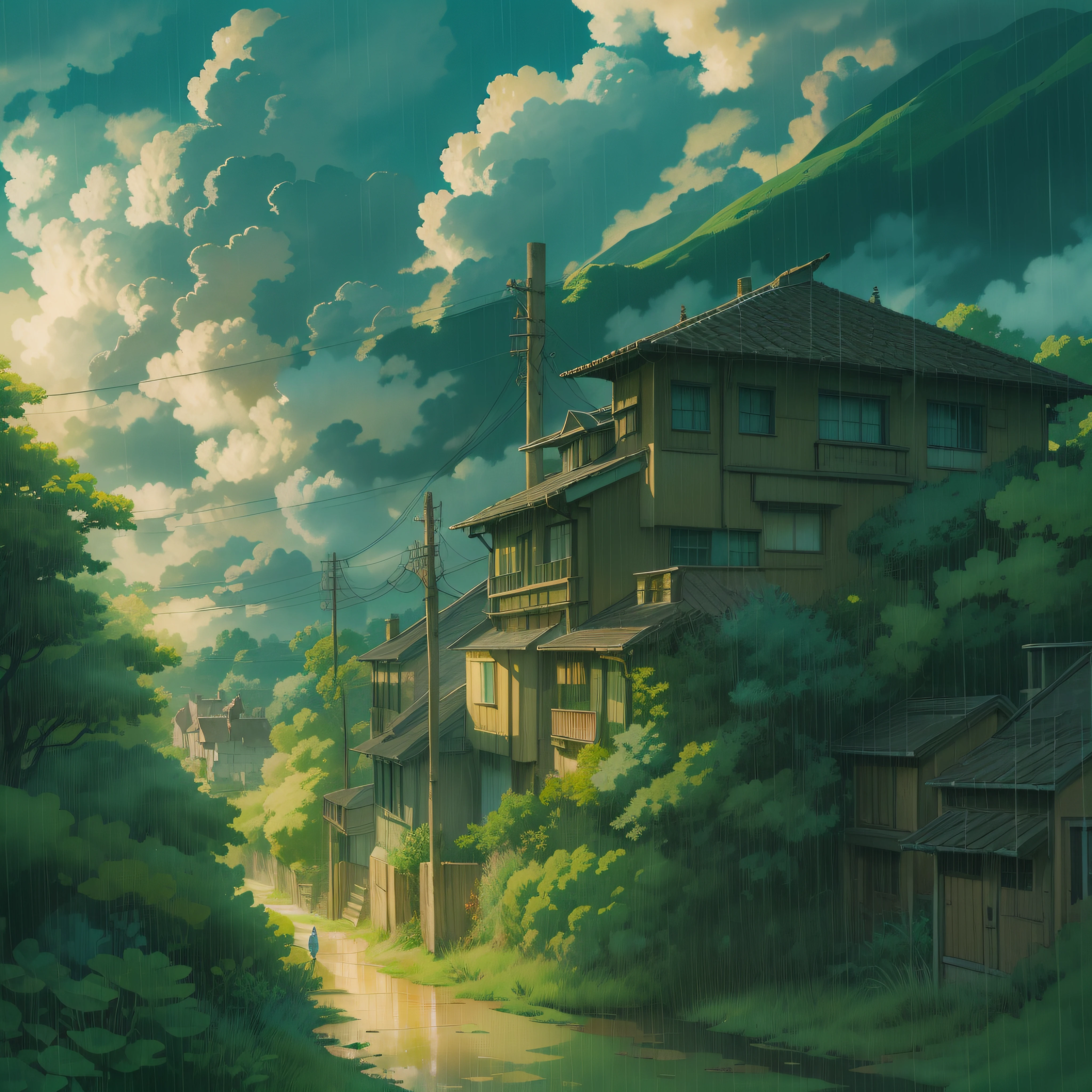 animesque、Skyscape with clouds、Deities々Shikai、You can see the touch of the brush、rain cloud、After it rains、Studio Ghibli、Ghibli、a sultry、Scenery、Style、The light is sparkling