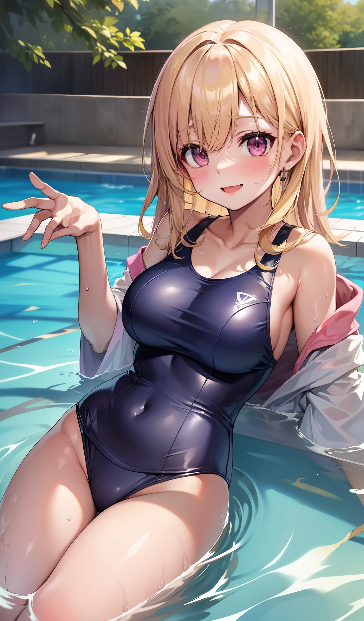 详细的脸、long eyeslashes、A detailed eye、(Middle Cut Hair)、(Pink eyes:1.3)、(a blond)、Golden hair、Large valleys、Slimed、Excited smile、Lustrous skin、Blushing cheeks、Navy High Leg、School swim wear、swimming pools、morning、Sunnyday、