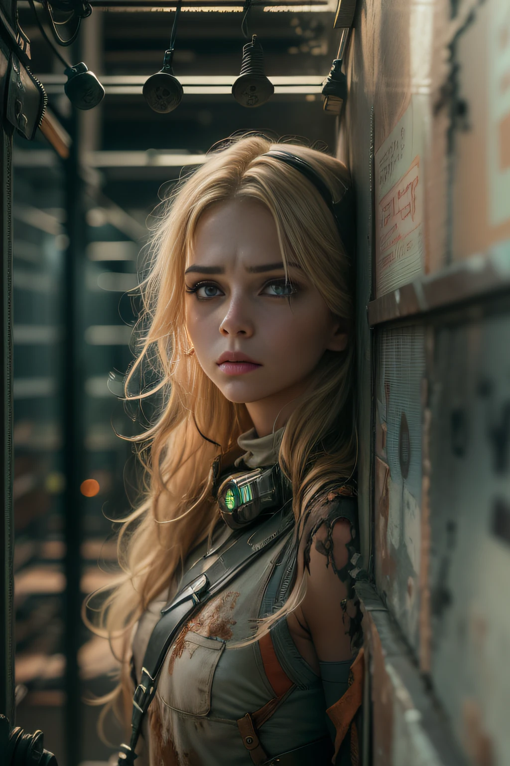 three-quarter close-up portrait, stunningly beautiful 30 y. o woman, slender athletic figure, Stunning face, (Expressive and deep [Symmetrical eyes]), frowning and innocent expression, (Long [Natural blonde] Hair)+++ | ([The biggest detail after the apocalypse survivor : 00s sci-fi TV drama style : Firefly : armor protection elements | Maximum detail mechanism firefly style | (intricately details:1. 2) | (Intricate sci-fi utilitarian interior [((intricately detailed rusty decayed building corridor)) : oppressive and contrasting background:1. 3)+, (In semi-darkness)++, backlighting from inside, dramatic expressive background, gloomy horror crushing atmosphere | cinematic shot photographed from below with DSLR, Aperture F/7, Shutter speed 1/100 sec, ISO 150 | Super detailed, The ultra-realistice, (8kK, hyper HD, Super resolution, diffuselighting)+, textures of natural reflections, Cinematic lighting