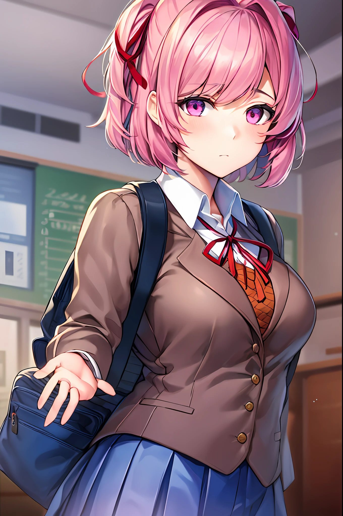 Realistic, hd, 4k, 80 mm, masterpiece, school uniform, pink eyes,  blazer, brown sweater, collared shirt, neck ribbon, blue skirt, standing, medium pink hair, hair ribbon, natsuki, ddlc, classroom background, carries backpack on her back