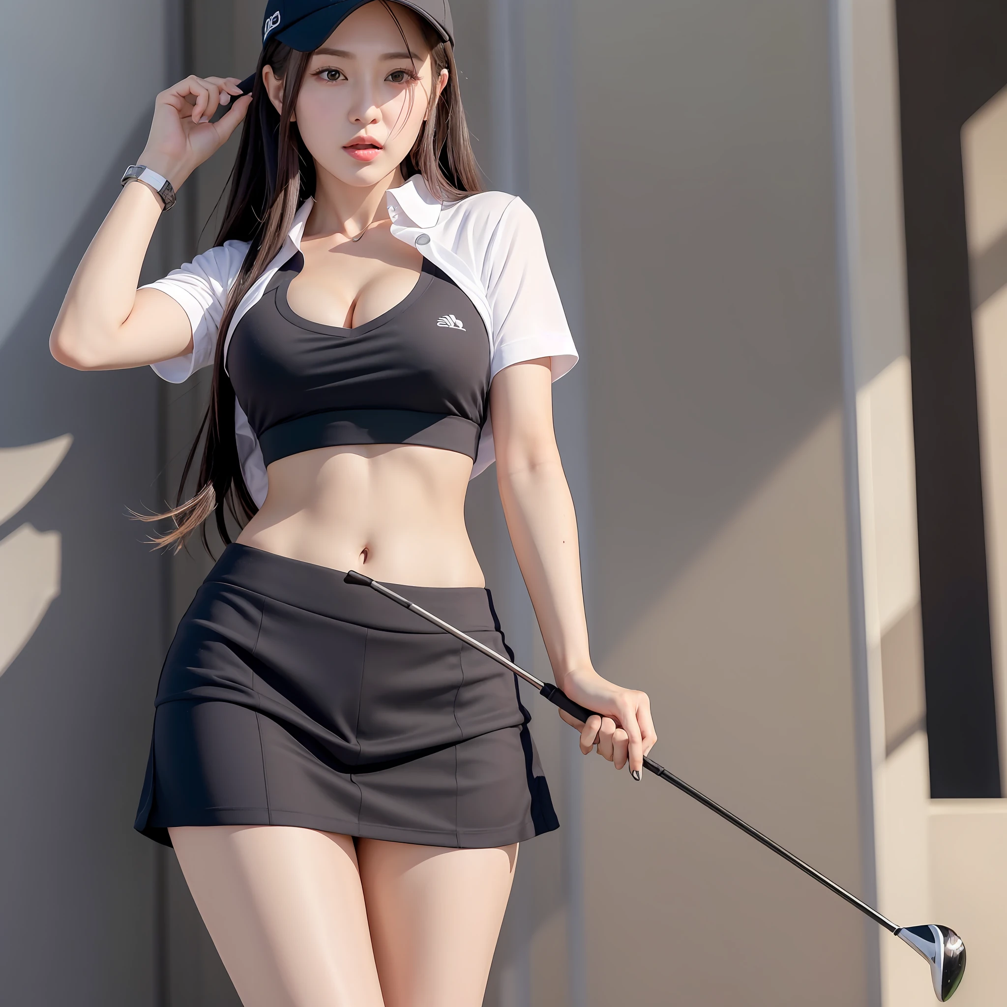 Images of women playing golf, One lady、young and cute、big eye、Futae eyelid、Wearing golf shorts, cleavage of the breast,（Ultra mini skirt）、 good hips and long legs, big breasts thin waist,, professional sports style, Sporty, Long legs, Photo of one person