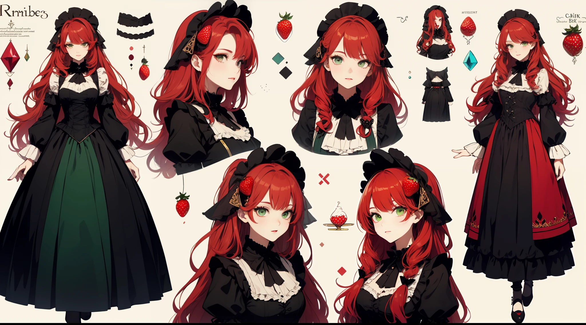 Role table,character design,Character design,full bodyesbian,Lolita prostitute,Very gorgeous,Maximalism,extreme hight detail,RococoStyle,Super long hair,Complex accessories,Complex hairstyles,Strawberry theme,dark red color,green color,strawberry hair ornament,Strawberry-shaped gemstone,Skirts of various materials,Different fabrics,Different brightness and saturation