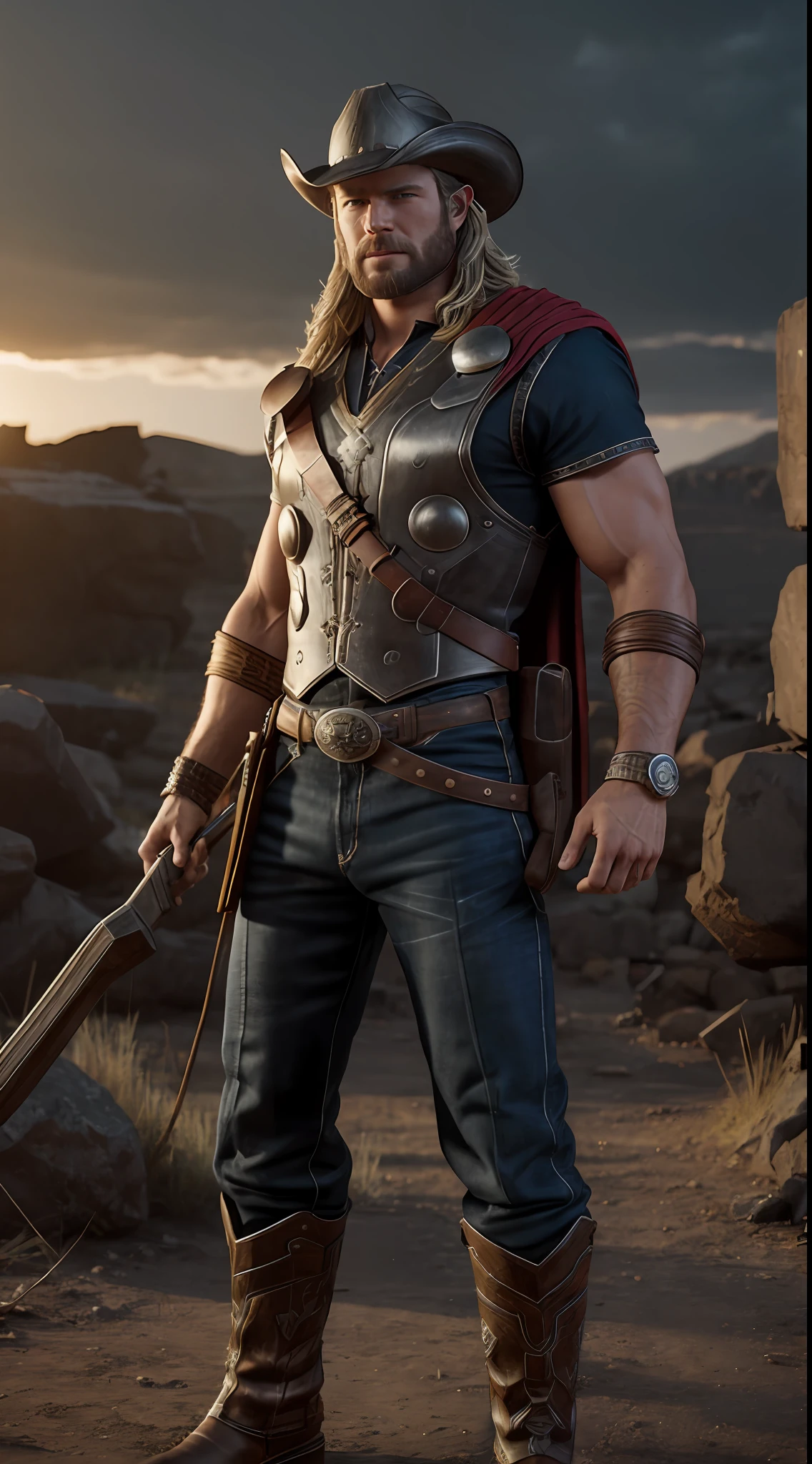 cowboy thor, octane render, unreal engine, highly detailed, intricate