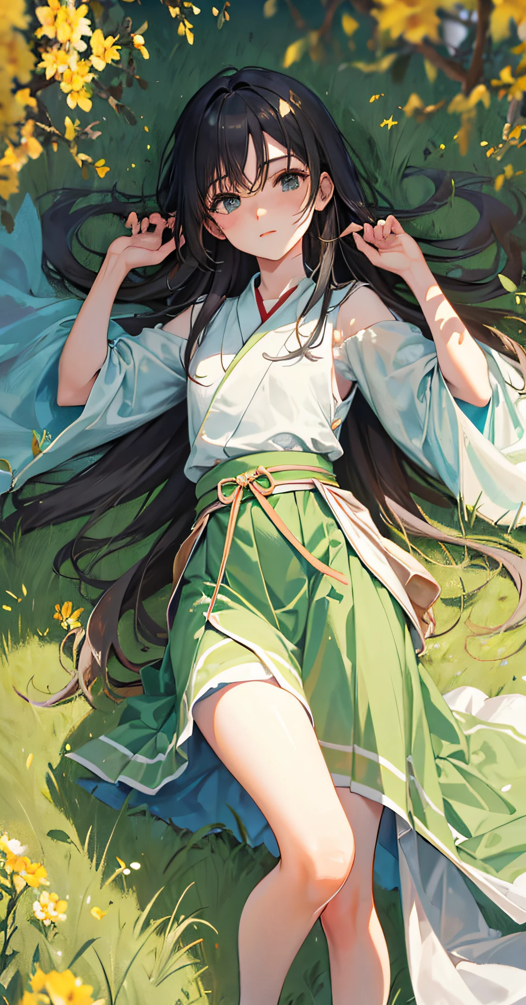 In the evening, Fantasy girl lying on grass,A green wheat field,The backrest is on the body of the tree, with extremely beautiful facial features, Long hair, elegant hair, Red Hanfu, Layered skirt, Dynamic posture, Long gray hair，Looking into the distance, Perfectcomposition, Small rivers, Starlight, Firefly, White flowers, looking down below,delicate leg,
