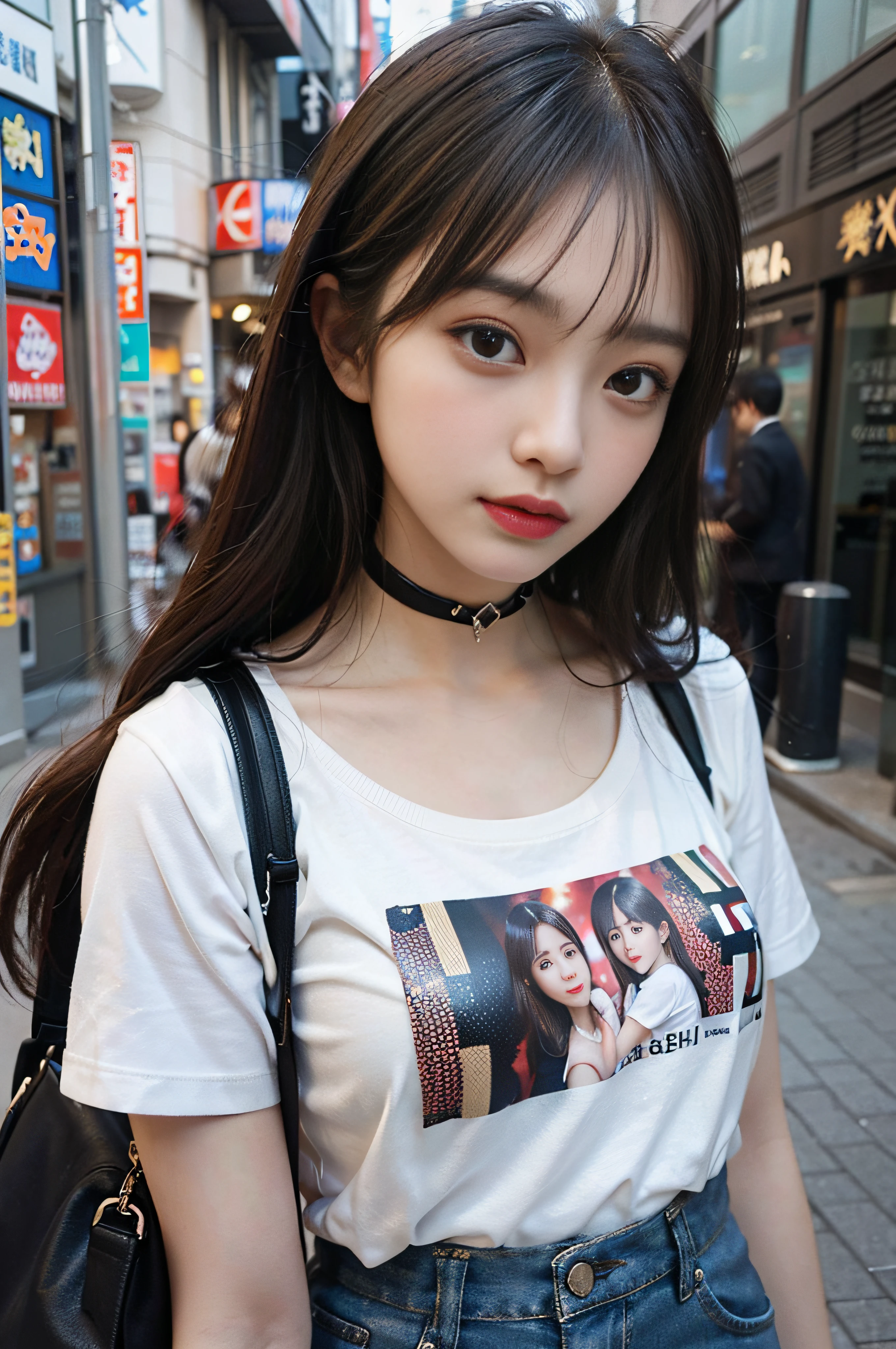 Best Quality Detail:1.2, realisitic, 8K UHD, hight resolution, 1girl in:1.2, The ultra-detailliert, High quality textures, intricate detailes, detaileds, Very detailed CG, High quality shadows, Detail Beautiful delicate face, Detail Beautiful delicate eyes, depth of fields, Ray traching, in her 20s, Pretty Kpop Girl, Korean Urzan Face:1.1, Slender face, ulzzang -6500-v1.1:0.6, pureerosface_v1, gloweyes, teak, Glossy lips, perfectbody, a choker、cleavage of the breast、 Brown hair、poneyTail:1.1, Street, Particle, look at viewr, Photorealsitic:1.4, ultra-detailliert, photos realistic, 4K 8K UHD Full Color RAW Photos, Fuji Film(Medium format:1.2), Hasselblad:1.2, Carl zeiss:1.1, Incredible dynamic range photography(UTIL_Art by Smoose-768:1.1), hight resolution, High pixel count, clear details, crisp image, Natural color reproduction, Noise Reduction, High fidelity, qulity, Software Improvements, Upscaling, Optimized algorithms, Pro-level retouching、((Shibuya, tokyo prefecture))、On the way to shopping、((Fashionable clothes with a very high design))、graphic t-shirt: Art and Logos、Graphic T-shirts printed with anime characters are trending.、Used for unique styling