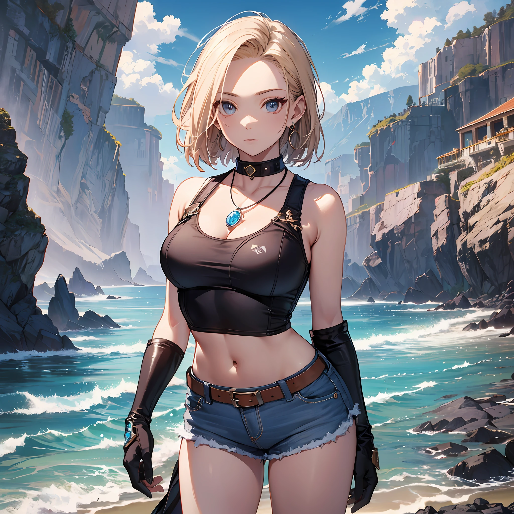 Steppiece, Best Quality, Ultra-detailed, Absurd, Portrait of cute android18DB, Realistic face, Solo, earrings, Jewelry, , brave, Eyeshadow closed, the beach, gloves, Necklace, Rock, Standing, fighting position, Volumetric lighting, Best Quality, masutepiece, Intricate details, tonemapping, Sharp Focus, Hyper Detailed　short pants　sleeveless