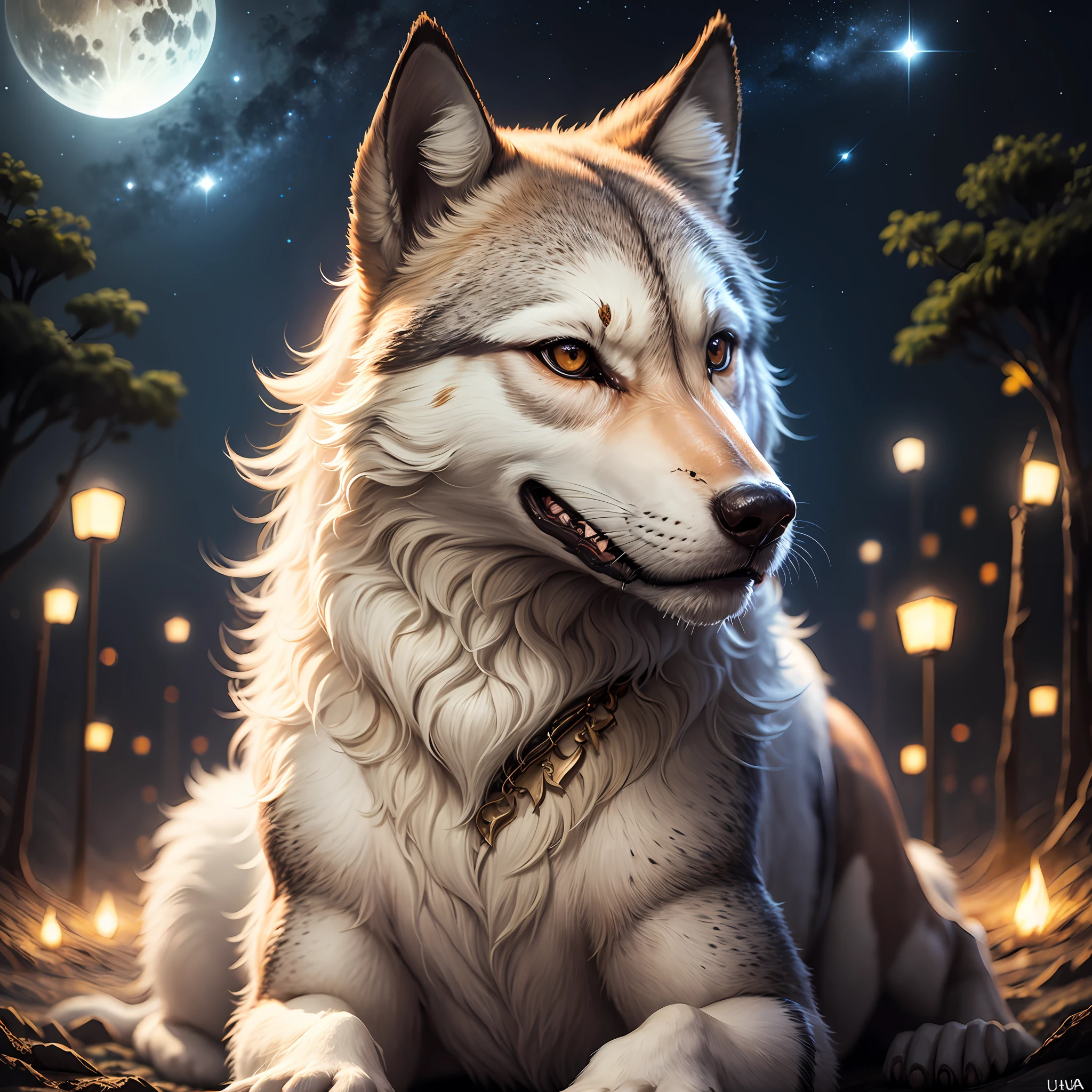 Malor qualidade, ultra detalhado, utra realismo,obra prima, de um deus lobo em chamas,no meio da floresta,noite de lua cheia, --auto