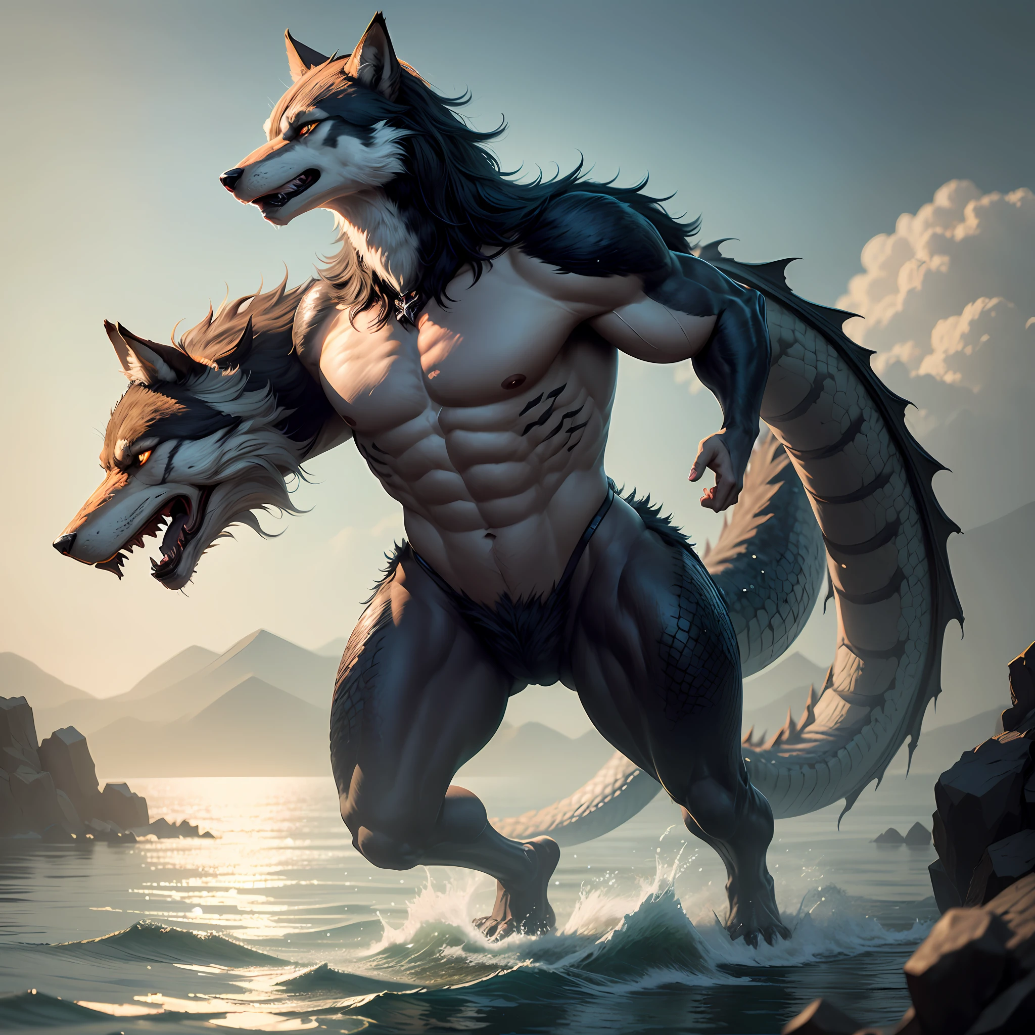 half wolf, The half-dragon stands on its hind legs in the water,Sideways photo，There are extra-long dragon tails。There are vertical scales on the back。The eyes are fierce。Has big furry ears。The villain is handsome，Strong and powerful, Dramatic cinematic details fur, hyper realistic fur, highly realistic photograph, cinematic full body shot, cinematic full shot, guardian of the holy lake, adventure hyper realistic render, volumetric fur, ultra-realistic picture, Make a gesture of majesty, hyperreal rendering，A combination of mythical creatures, wolves and dragons --auto