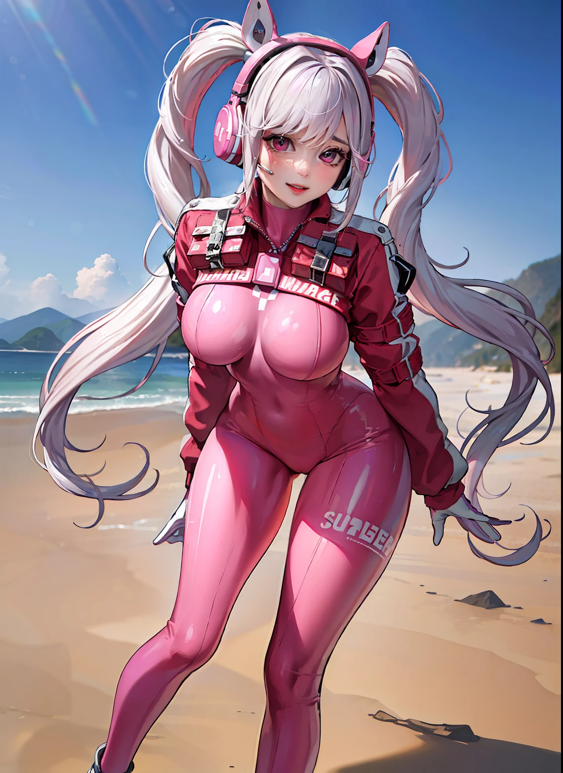 (photorealistic:1.4),best quality, ultra high res,
4k, instagram,
higly detailed,
alice \(nikke\),pink bodysuit,animal ears, fake animal ears, gloves, headphones, headset,
jacket,pink latex bodysuit, pink eyes,twintails, white gloves, white hair,
VirtualGirl-Aim, medium breasts, long hair, crystal pendant, smile,
full body shot,