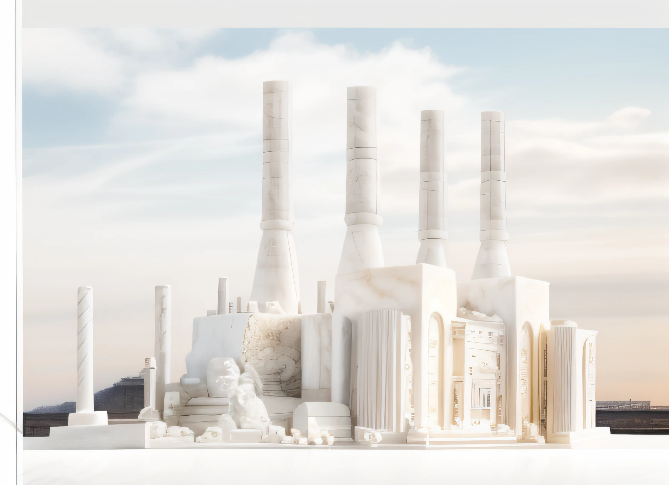 Escultura maqueta blanca de fabrica con chimeneas, Classical antiquities, White marble model sculpture, Classic factory model sculpture, Classic marble model, Plantilla grande, (((White Greek marble statue))), ((fotorrealista)) realista, luz proveniente de arriba, modelismo, yeso, Foto de estudio.