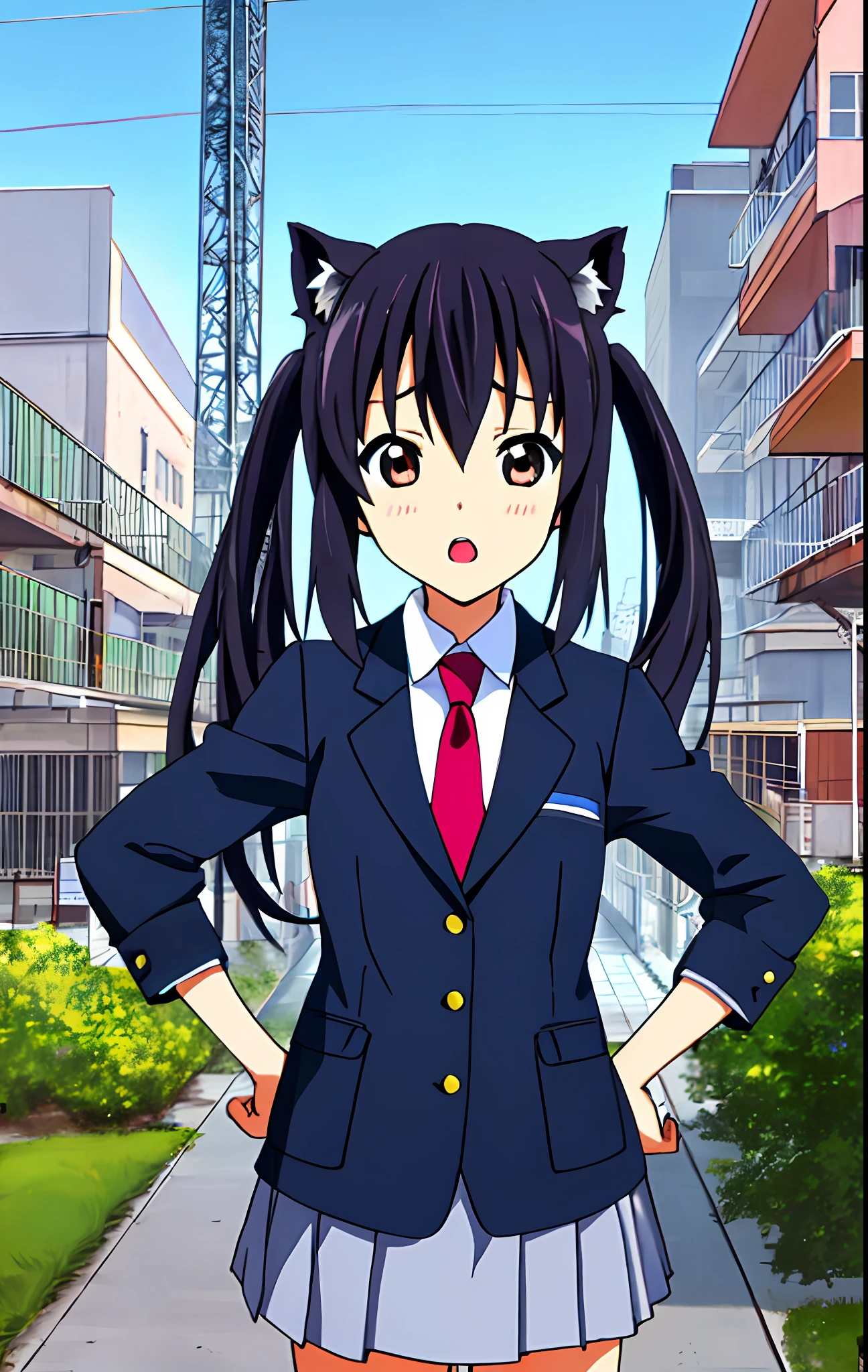 1girl in, (((​masterpiece))), top-quality, top-quality, high details, nakano azusa, 1girl in, Sakuragaoka High School Uniform,student clothes, Twin-tailed, length hair, A dark-haired, Brown-eyed, 独奏, reddish, Dark blue blazer with thin red ribbon, Solid white buttoned shirt under blazer, illustratio, comic strip, Soothing tones, Subdued Color, Soft cinematic light, adobe lightroom, Photolab, nffsw, intricately and hyper-detailed、(((depth of fields))))。(((​masterpiece)))。(((top-quality))).)((ultra-detailliert)))。(((illustratio)))。(((takeout))).Dynamic Focus.Medium chest.(((Skyscrapers))).(((A city scape))).(((Face of sadness))). Open mouth.(((put hands on the hip))).(((up chest))).