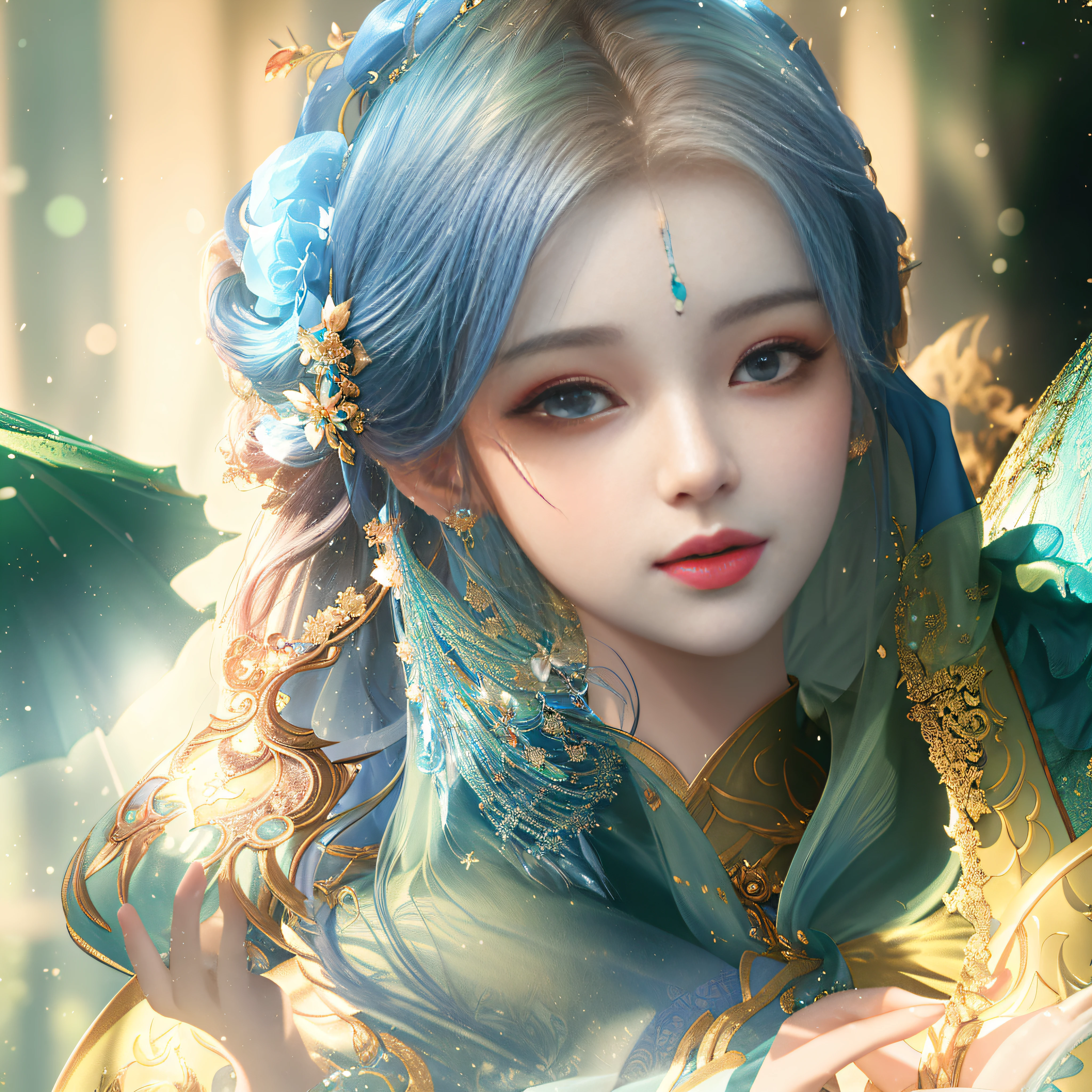 There is a woman in a blue dress and a green umbrella, Fantasy art style, Beautiful character painting, a beautiful fantasy empress, digital fantasy art ), Beautiful digital artwork, by Yang J, 8K high quality detailed art, By Li Song, ((a beautiful fantasy empress)), beautiful fantasy art portrait, author：Fan Qi, Guviz-style artwork