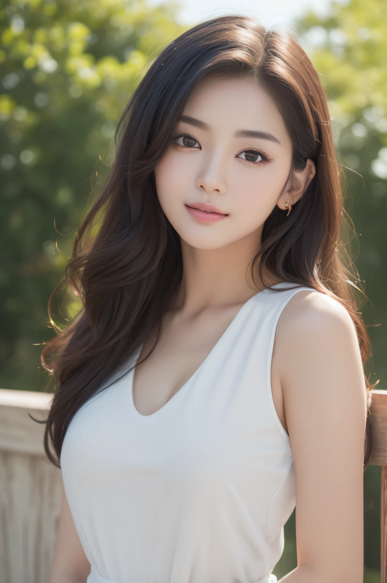 ((best qualtiy、8k masterpieces:1.3))、foco nítido:1.2、(ultra beautiful faces:1.0)、(shinny skin:1.0)、photos realistic、A dark-haired、Video Lighting、High-definition eyes and face、Video Lighting、(cowboy  shot:1.3)、(Korean Cute Actress)、from the front side、medium large breasts、ssmile、Sleeveless、Wearing a white blouse