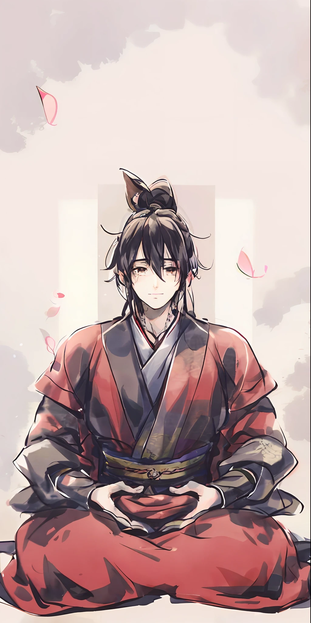 anime character sitting in a meditation position with hands folded, cara bonito na arte demon slayer, inspirado em Okumura Masanobu, Heise Jinyao, hijikata toushirou, handsome japanese demon boy, imagem de anime shuushuu, homem samurai, Manhwa, Sengoku - Era Estilo de Arte, from sengoku period