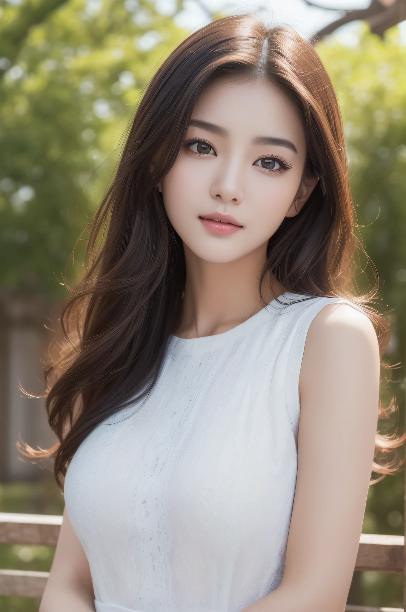 ((best qualtiy、8k masterpieces:1.3))、foco nítido:1.2、(ultra beautiful faces:1.0)、(shinny skin:1.0)、photos realistic、A dark-haired、Video Lighting、High-definition eyes and face、Video Lighting、(cowboy shot:1.3)、(Korean Cute Actress)、from the front side、medium large breasts、ssmile、Sleeveless、Wearing a white blouse