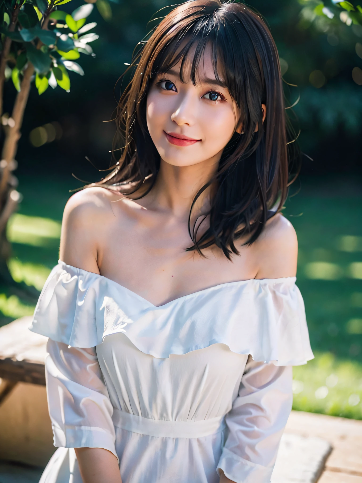 (Best Quality:1.2, 8K, Sharp Focus, master piece: 1.2, Cinematic Light, extremely details CG, beautiful Girl, reality, Detailed face textures, Realistic skin, beautiful makeup, Detailed bangs)), (depth of fields), Bokeh background, Head tilt, Smile, closes mouth, shiny black long hair, Cowboy Shot, white bare top mini dress, jacket off shoulder, wind