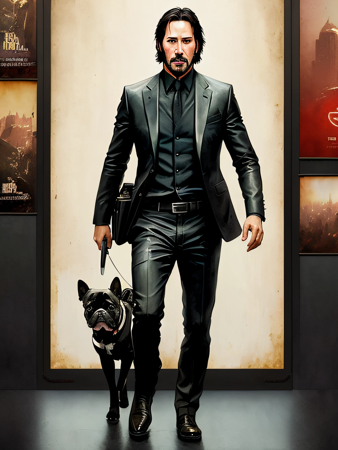 Keanu Reeves as Jonh wick walking whit black French Bulldog, vhs effect, (poster:1.6), poster on wall, nostalgia, movie poster, portrait
(skin texture), intricately detailed, fine details, hyperdetailed, raytracing, subsurface scattering, diffused soft lighting, shallow depth of field, by Oliver Wetter,
Intricate, High Detail, Sharp focus, dramatic, photorealistic painting art by (greg rutkowski:1.4), bokeh