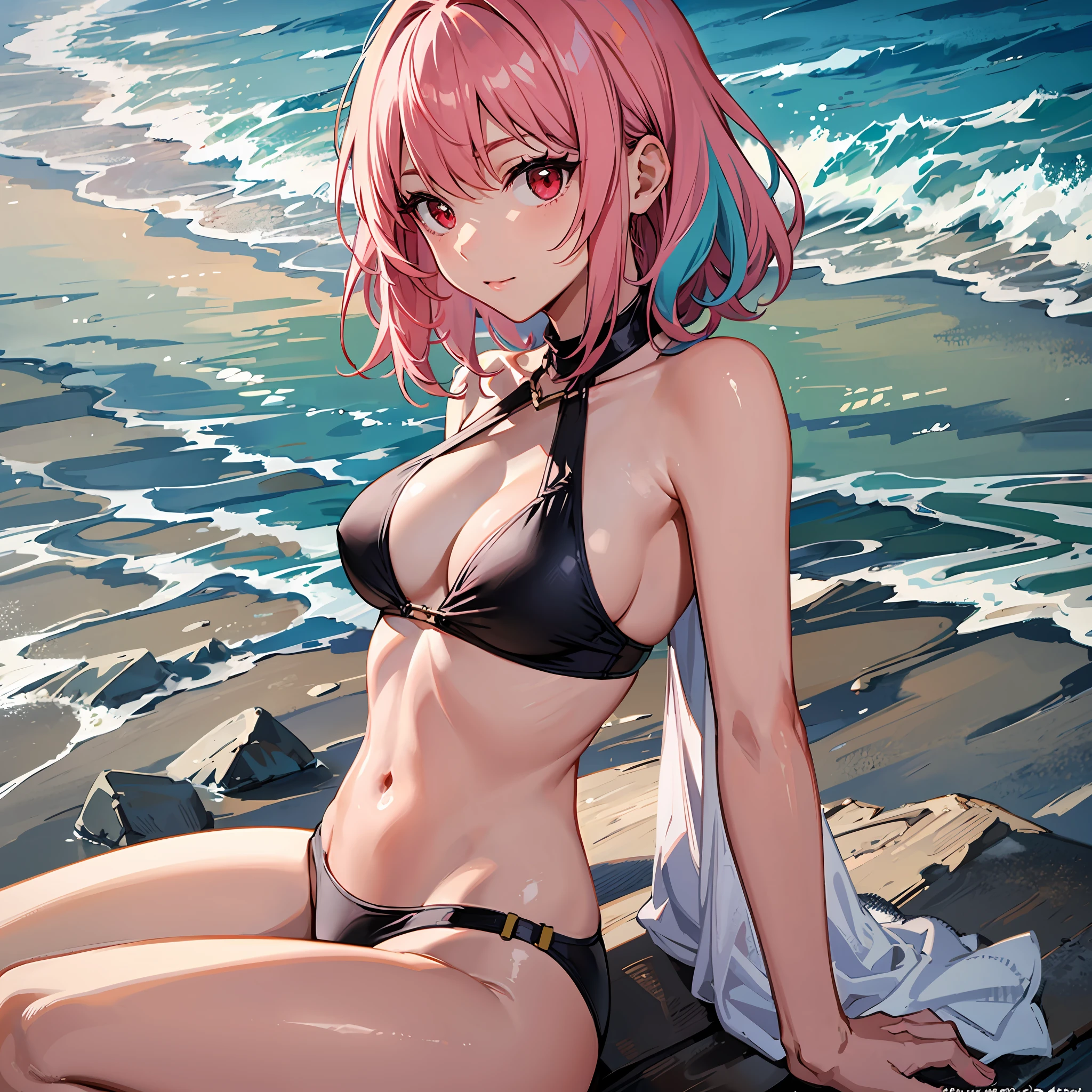 A pink-haired girl with red eyes on the beach in a revealing swimsuit and a seductive look