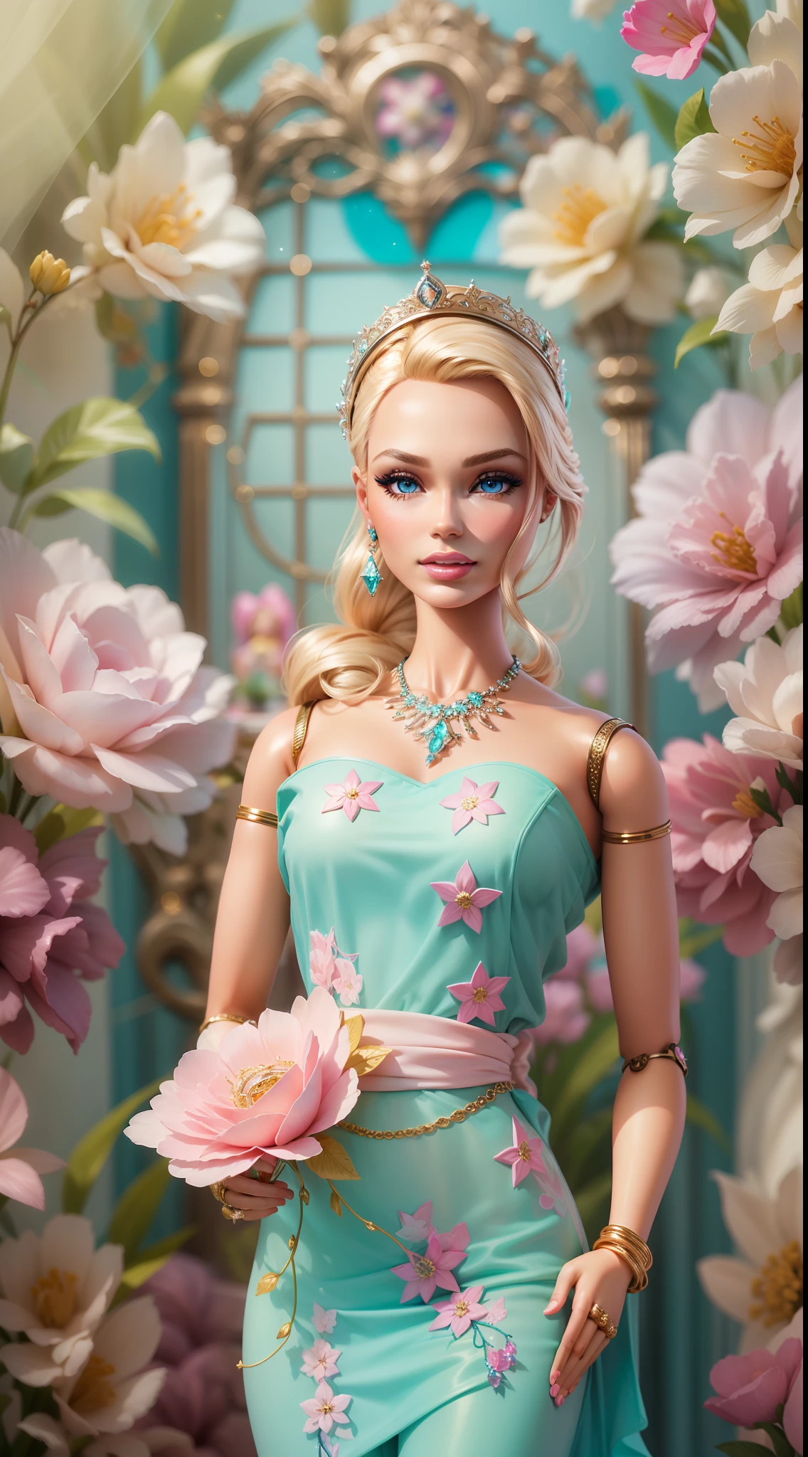 "A vibrant and glamorous (((Barbie doll and Ken))) portrait with impeccable details, capturing her elegance and charm in a high-resolution CG artwork. Radiant and flawless, the doll features a stylish outfit, stunning blue eyes, and perfectly styled (blonde hair:1.2). The soft lighting accentuates her beauty, while a hint of sparkle adds a touch of magic. Set against a dreamy background filled with pastel colors and delicate flowers, the composition creates a whimsical and enchanting atmosphere.+"