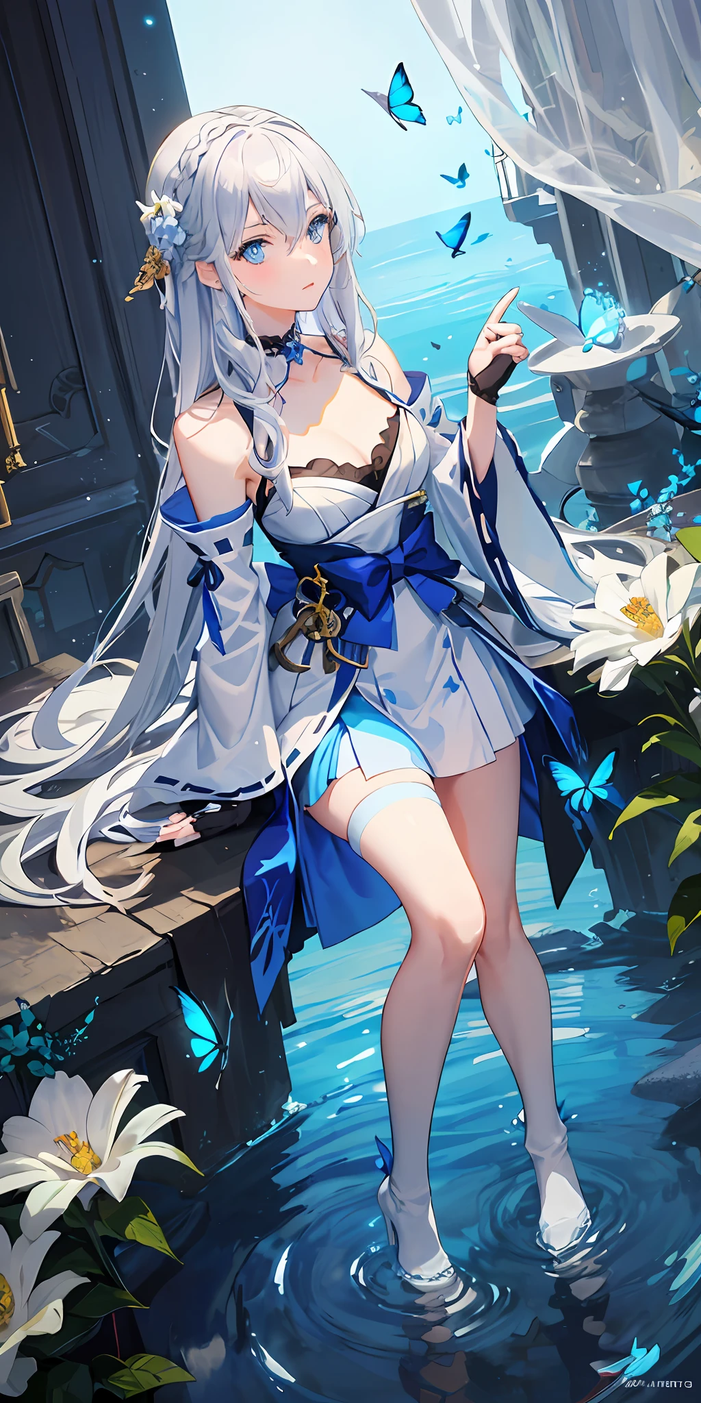 (Overhead view),dynamic angle,ultra-detailed, illustration, close-up, straight on, 1girl, (fantasy:1.4), (azure blue eyes:1.233),Her eyes shone like dreamy stars,(glowing eyes:1.233),(beautiful and detailed eyes:1.1),(Silver hair:1.14),(messy hair,very long hair,french braid,hair between eyes,sidelocks), (+(bule hair flower:1.14)),(chiffon dress,bule flower pattern in uniform)/=(military uniform:1.24),(detached sleeves,wide sleeves),(fingerless gloves),choker,(miko thighhighs),High heeled boots,(expressionless,closed mouth),(standing), (classical Princess boudoir with dressing tableand french windowin a white ancient palaces),(white flowers,bloom),(abysmal sea),(flowing water),(a dull blue world tree:1.14),(ruins),(night:1.2),dreamy,soul,(fluorescence),(flying translucent blue butterflies:1.15), [[delicate fingers and hands:0.55]::0.85],(detail fingers),(yubao:0.5),