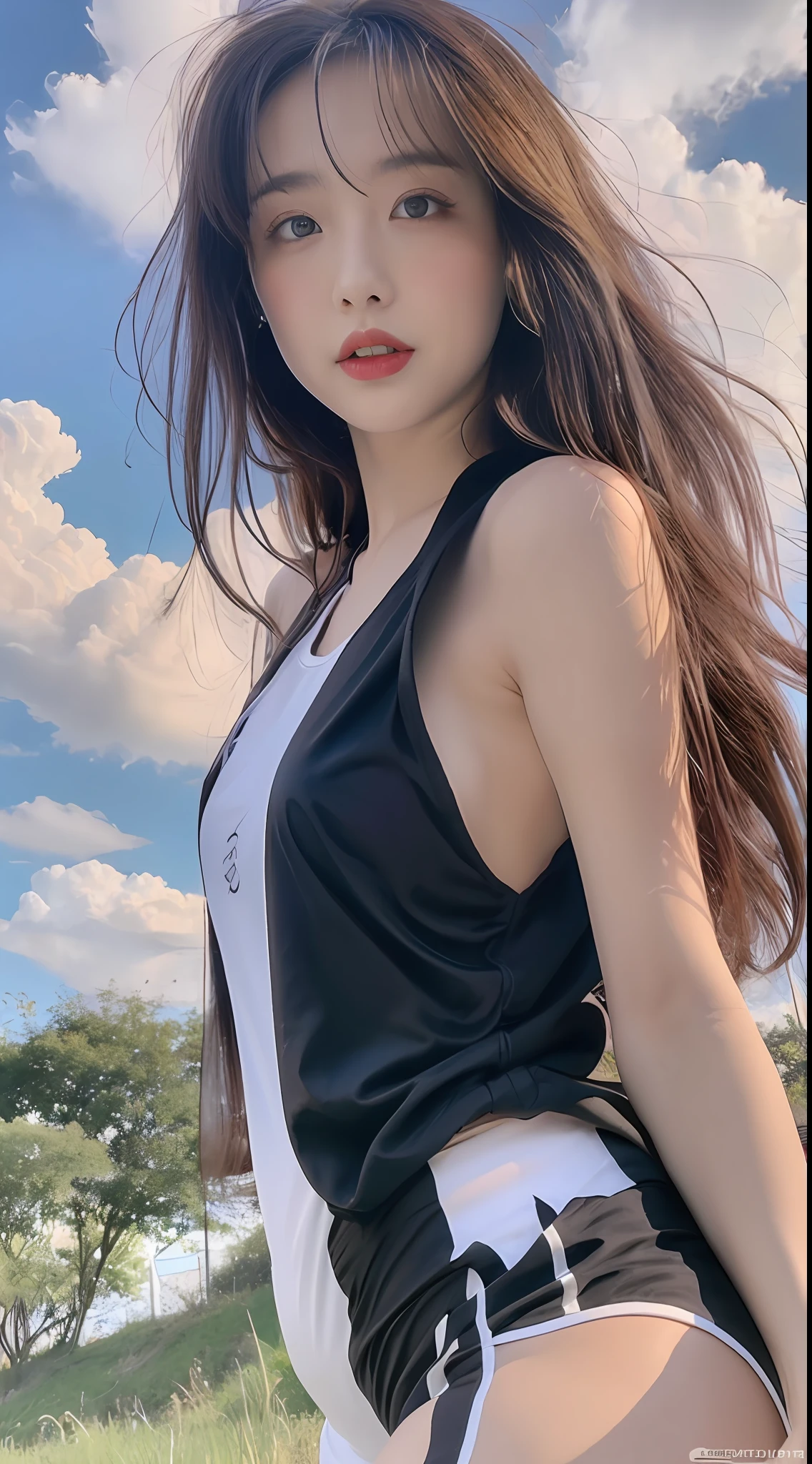 ((Best Quality, 8k, Masterpiece:1.3)), a beautiful girl, pure, melon face, gentle and cute, thin figure, frontal, tilted head, ((dewy shoulder short T-shirt, sports shorts)), black silky hair, long hair shawl, round black big eyes, clear big eyes, ((moist red lips)), (lipstick), (blush), ((rosy skin)), sweet, blue sky and white clouds, grassland, grassland background,