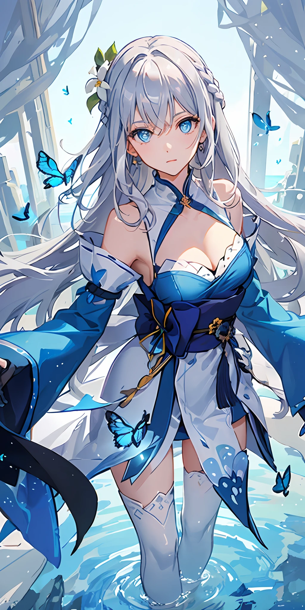 (Overhead view),dynamic angle,ultra-detailed, illustration, close-up, straight on, 1girl, (fantasy:1.4), (azure blue eyes:1.233),Her eyes shone like dreamy stars,(glowing eyes:1.233),(beautiful and detailed eyes:1.1),(Silver hair:1.14),(messy hair,very long hair,french braid,hair between eyes,sidelocks), (+(bule hair flower:1.14)),(chiffon dress,bule flower pattern in uniform)/=(military uniform:1.24),(detached sleeves,wide sleeves),(fingerless gloves),choker,(miko thighhighs),High heeled boots,(expressionless,closed mouth),(standing), (classical Princess boudoir with dressing tableand french windowin a white ancient palaces),(white flowers,bloom),(abysmal sea),(flowing water),(a dull blue world tree:1.14),(ruins),(night:1.2),dreamy,soul,(fluorescence),(flying translucent blue butterflies:1.15), [[delicate fingers and hands:0.55]::0.85],(detail fingers),(yubao:0.5),