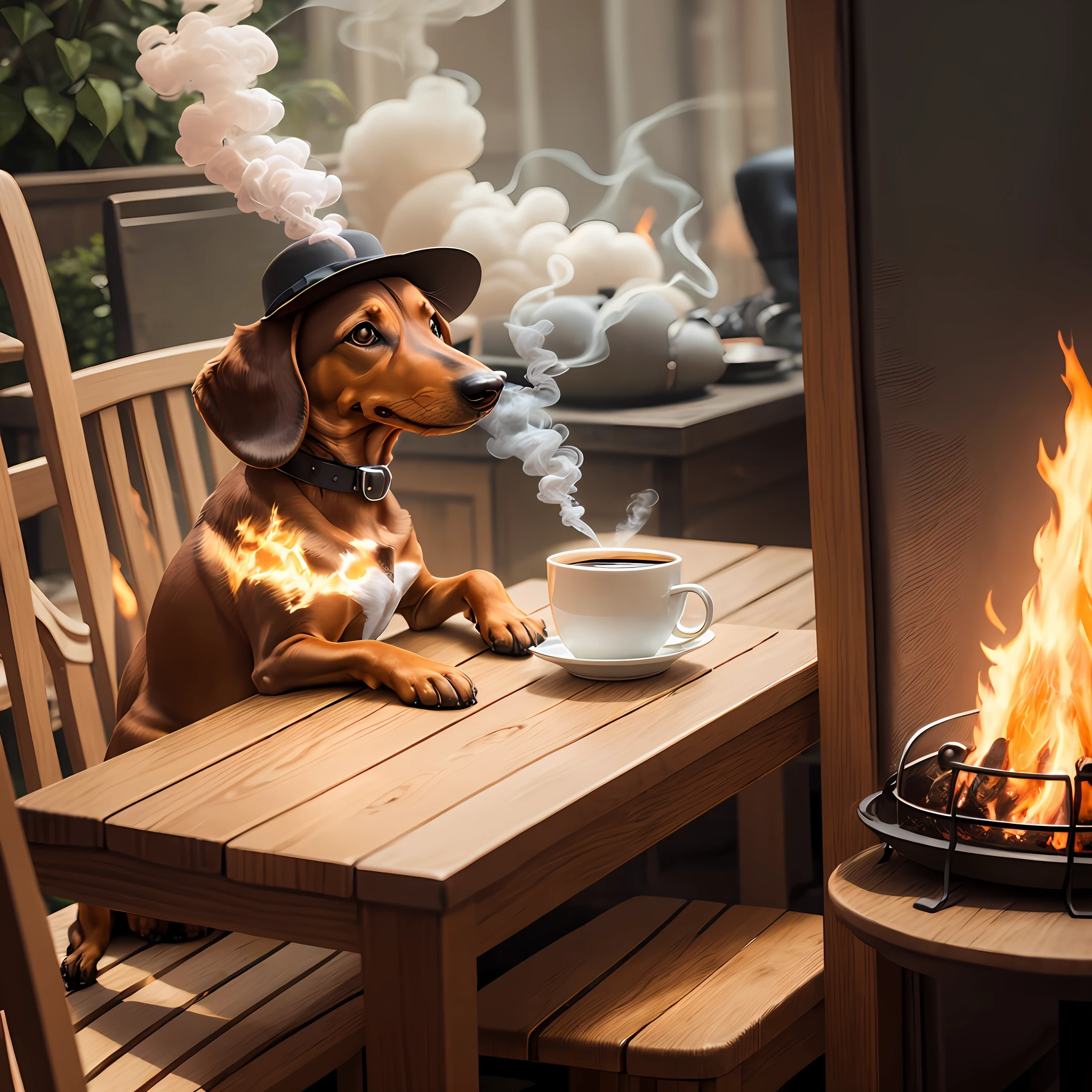 a dachshund wearing a bowler hat sitting at a table with a cup of coffee. Fire and smoke, this is fine